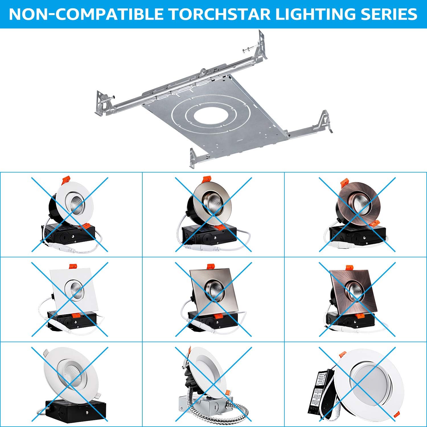 TORCHSTAR New Construction Mounting Plate, 3/4/6 Inch Recessed Lighting Kits, Extendable Hanger Bars, Shallow Recessed Light Housing with Flexible Handle, Pack of 6