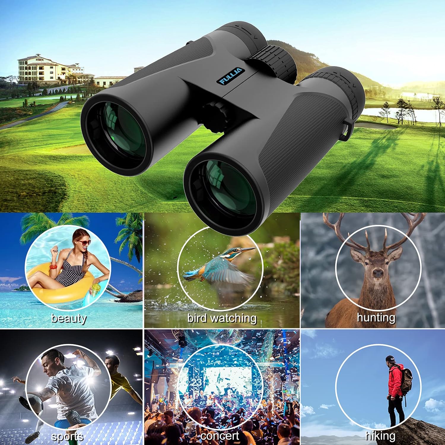 FULLJA 12x42 HD Compact Binoculars for Adults, High Power Easy Focus Binoculars with Clear BAK4 Prism FMC Lens Low Light Vision, Binoculars Waterproof for Travel, Bird Watching, Outdoor Sports