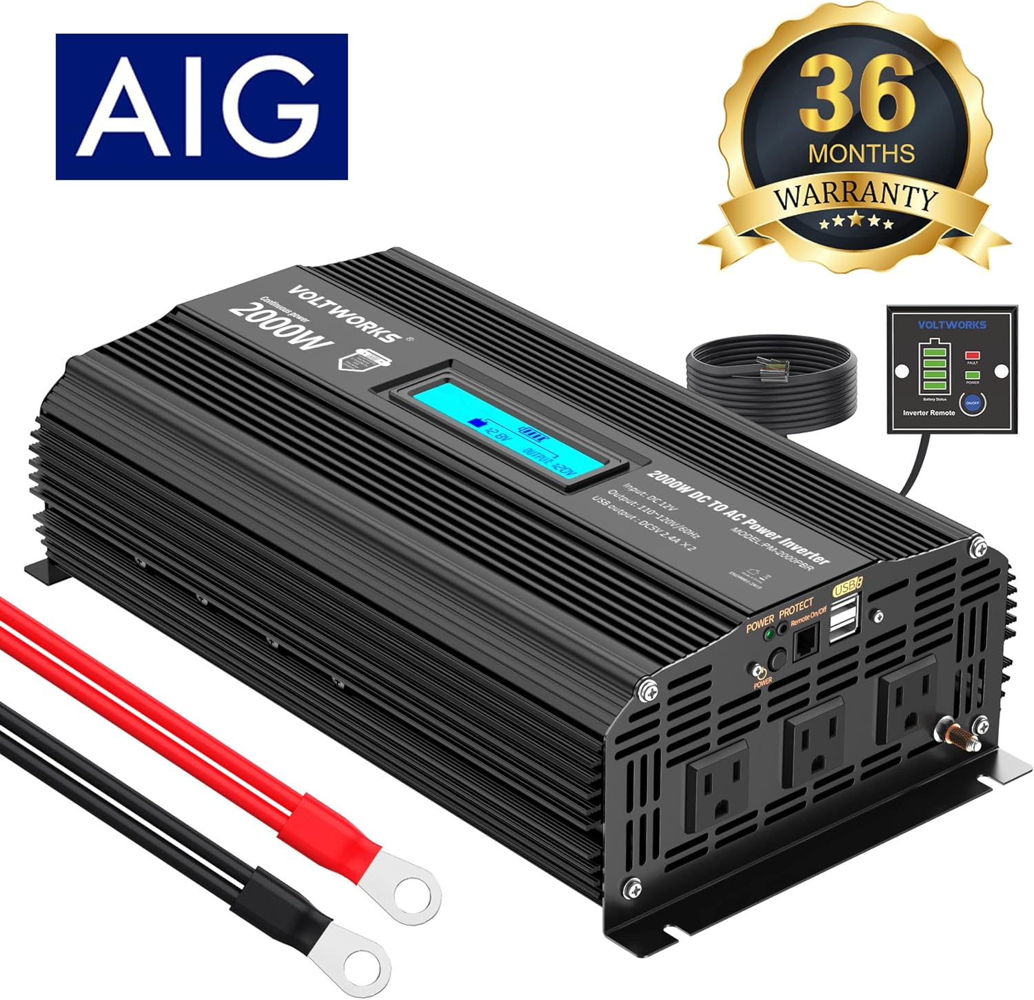 Power Inverter 2000w DC 12V to AC 120V Modified Sine Wave Inverter 2000 watt with LCD Display Remote Control and 3AC Outlets Dual 2.4A USB Ports for Car RV Truck Boat[3 Years Warranty] by VOLTWORKS