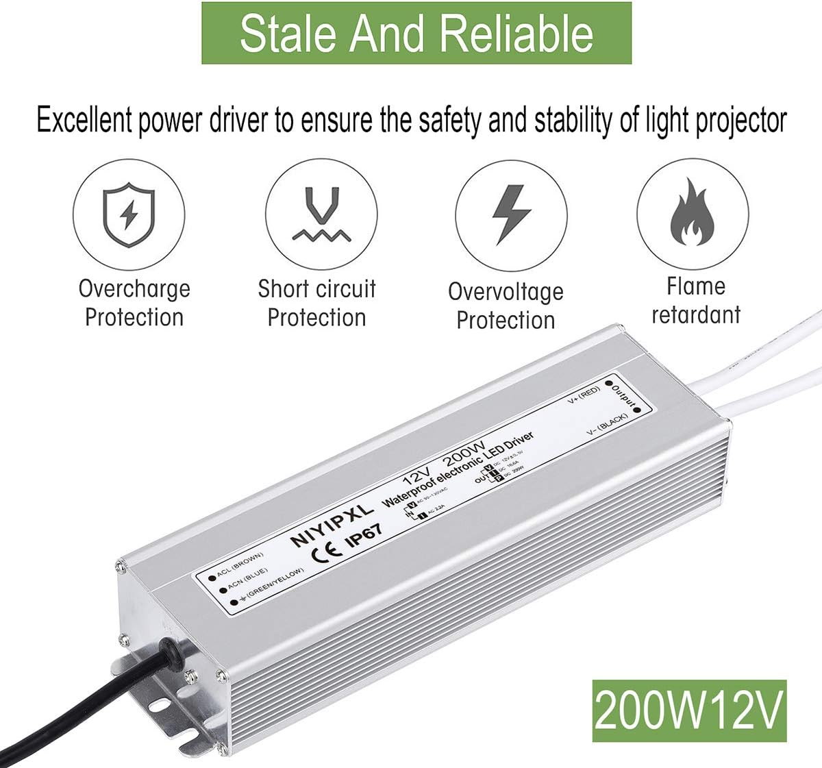 LED Driver 200 Watts Waterproof IP67 Power Supply Transformer Adapter 90V-130V AC to 12V DC Low Voltage Output with 3-Prong Plug 3.3 Feet Cable for LED Light, Computer Project, Outdoor Light