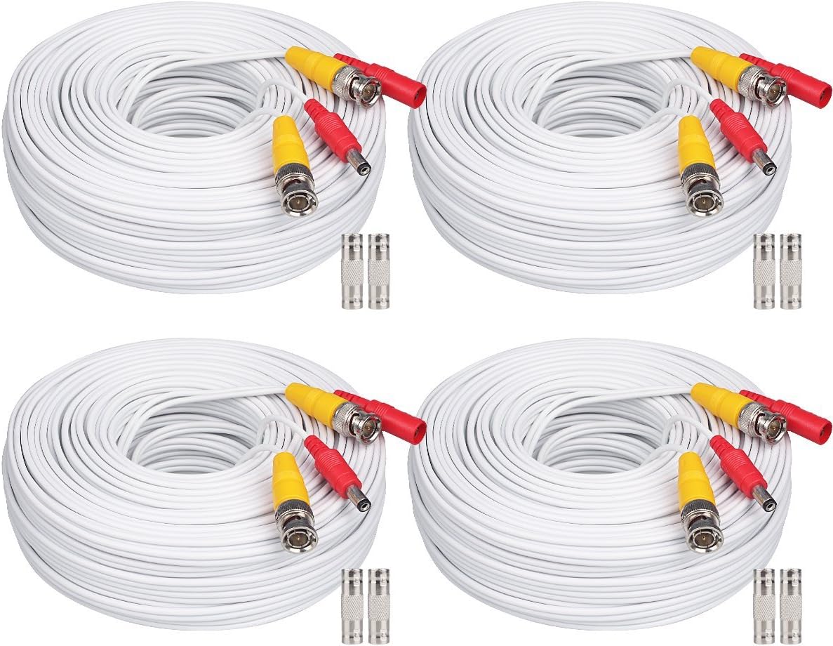 WildHD 4x200ft BNC Cable All-in-One Siamese Video and Power Security Camera Cable Extension Wire Cord with 2 Female Connectors for All Max 5MP HD CCTV DVR Surveillance System,200ft 4pack Cable, White Pack of 2