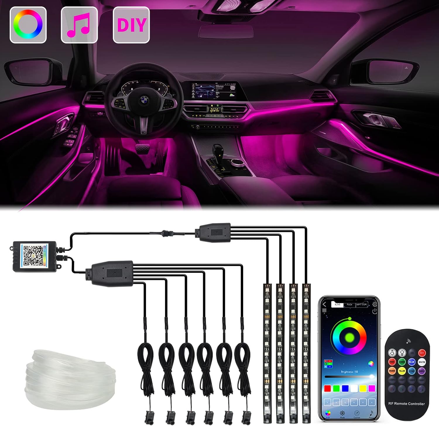 Interior Car Lights, WEBUPAR Car Accessories 10 in 1 Car LED Strip Lights with APP Control, 236 inches Fiber Optic, Multicolor RGB Neon Car Lighting Kits with Music Sync Mode and DIY Mode
