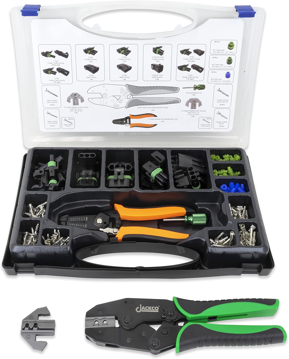 Jackco 225pc Weather Pack Terminal Ratcheting Crimping Tool & Connector Kit - Includes 2 Interchangeable Dies and Wire Strippers