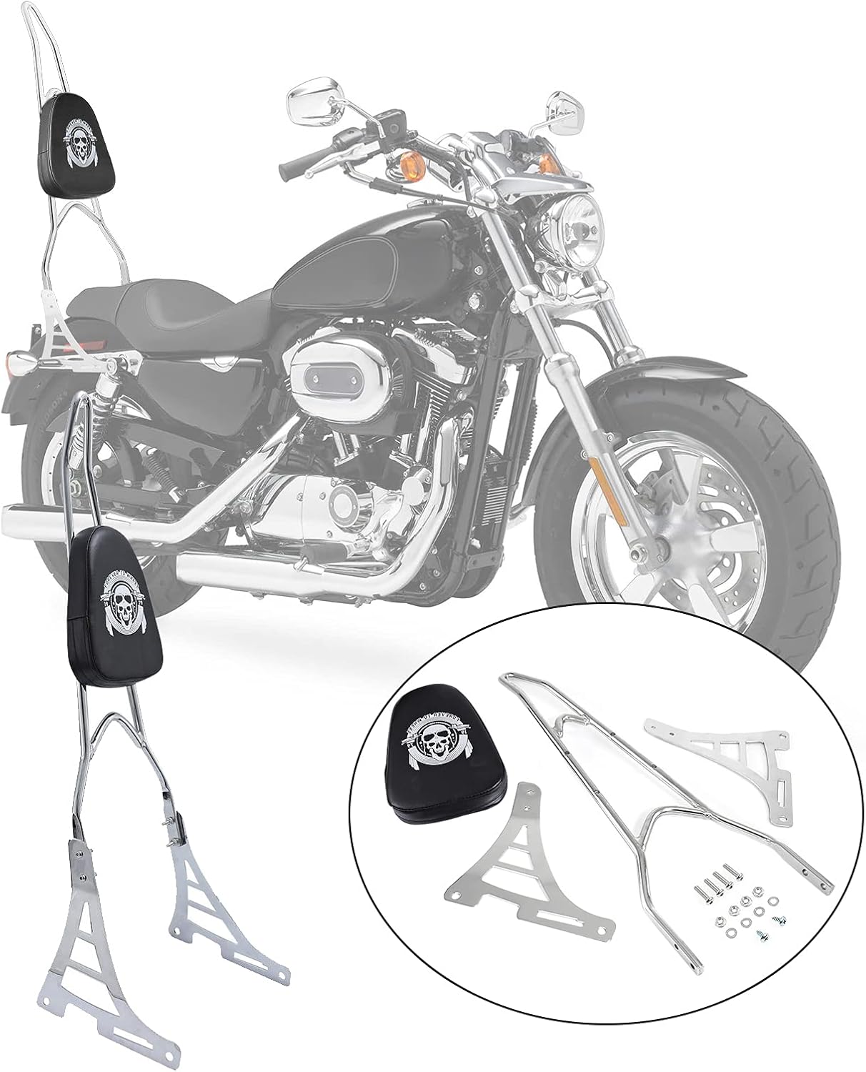 INNOGLOW Motorcycle Chrome Rear Passenger Seat Detachable Backrest Sissy Bar W/Cushion Pad for Harley Davidson XL 883 1200 2004-Up