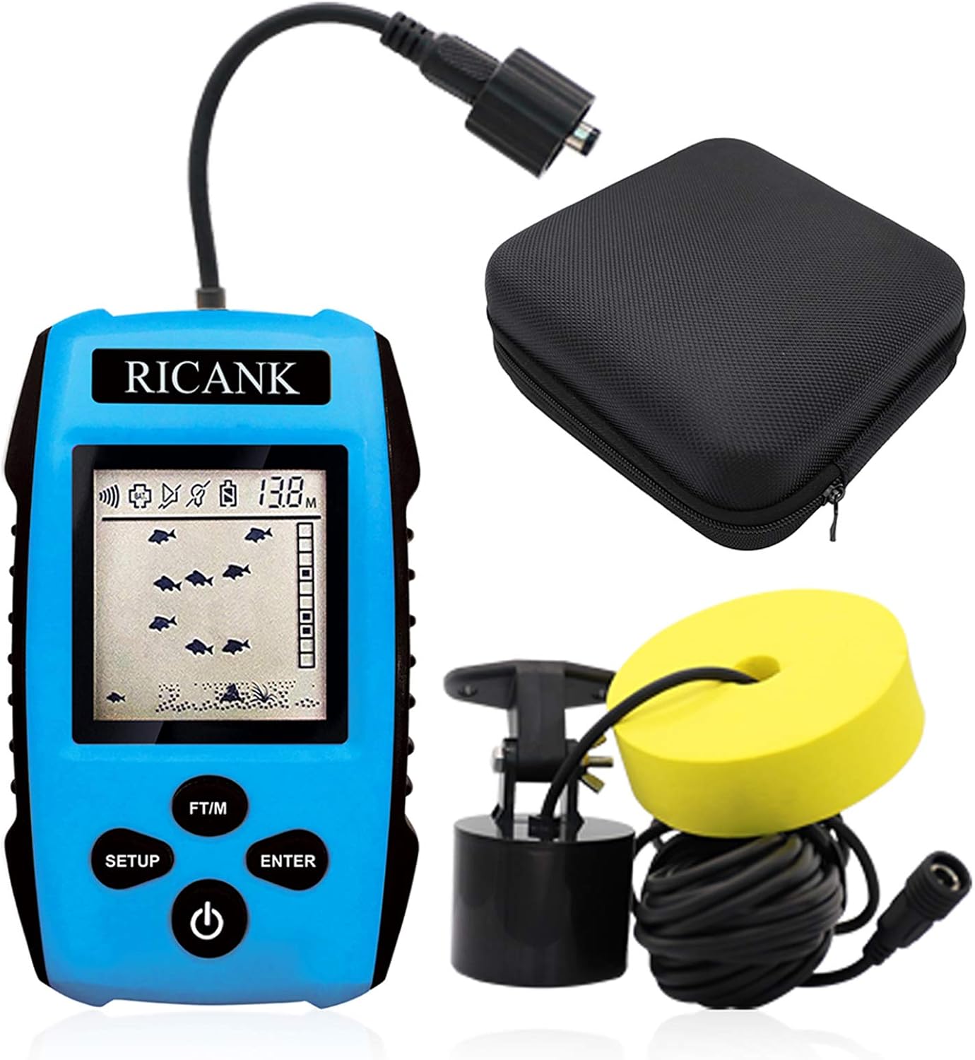 RICANK Portable Fish Finder with Hard Travel Case, Handheld Fish Depth Finder Ice Kayak Shore Boat Fishing Wired Fish Detector Device Sonar Sensor Transducer and LCD Display Pack of 2
