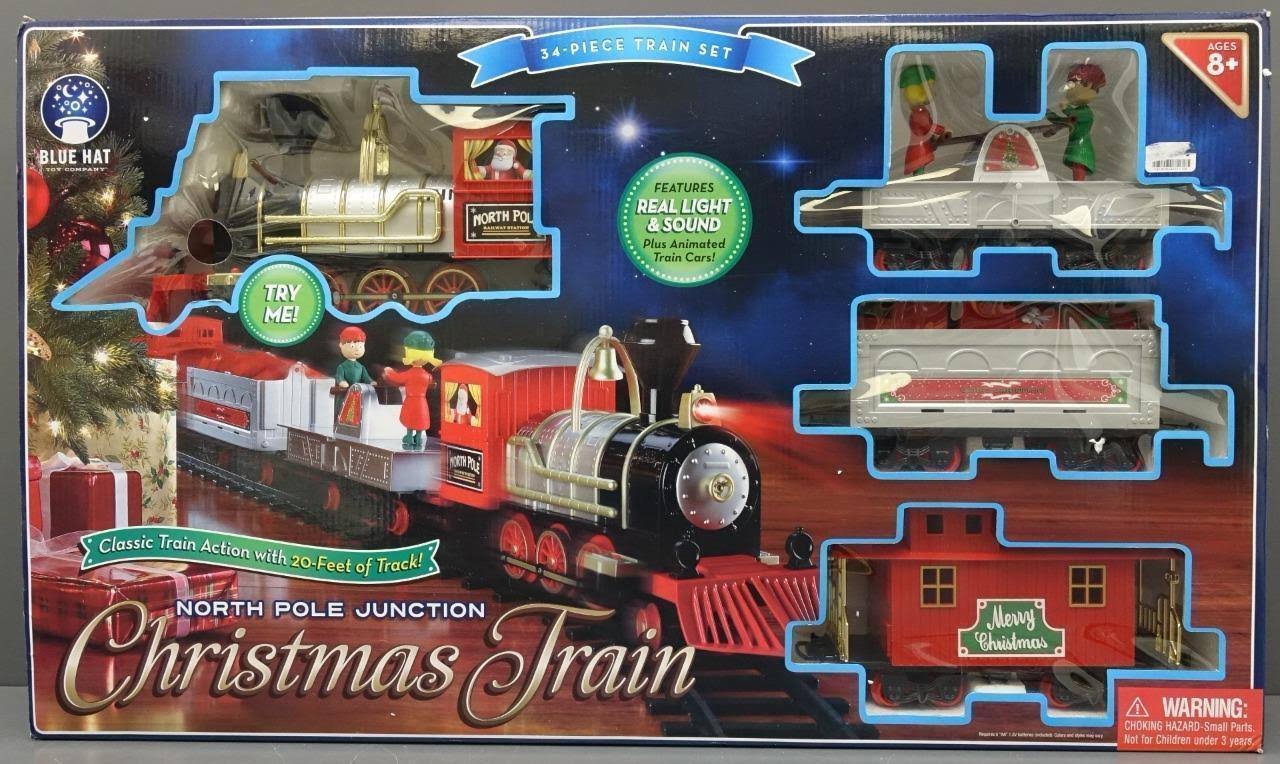 North Pole Junction Christmas Train Set Blue Hat Toy Co 20& Track Light Sound