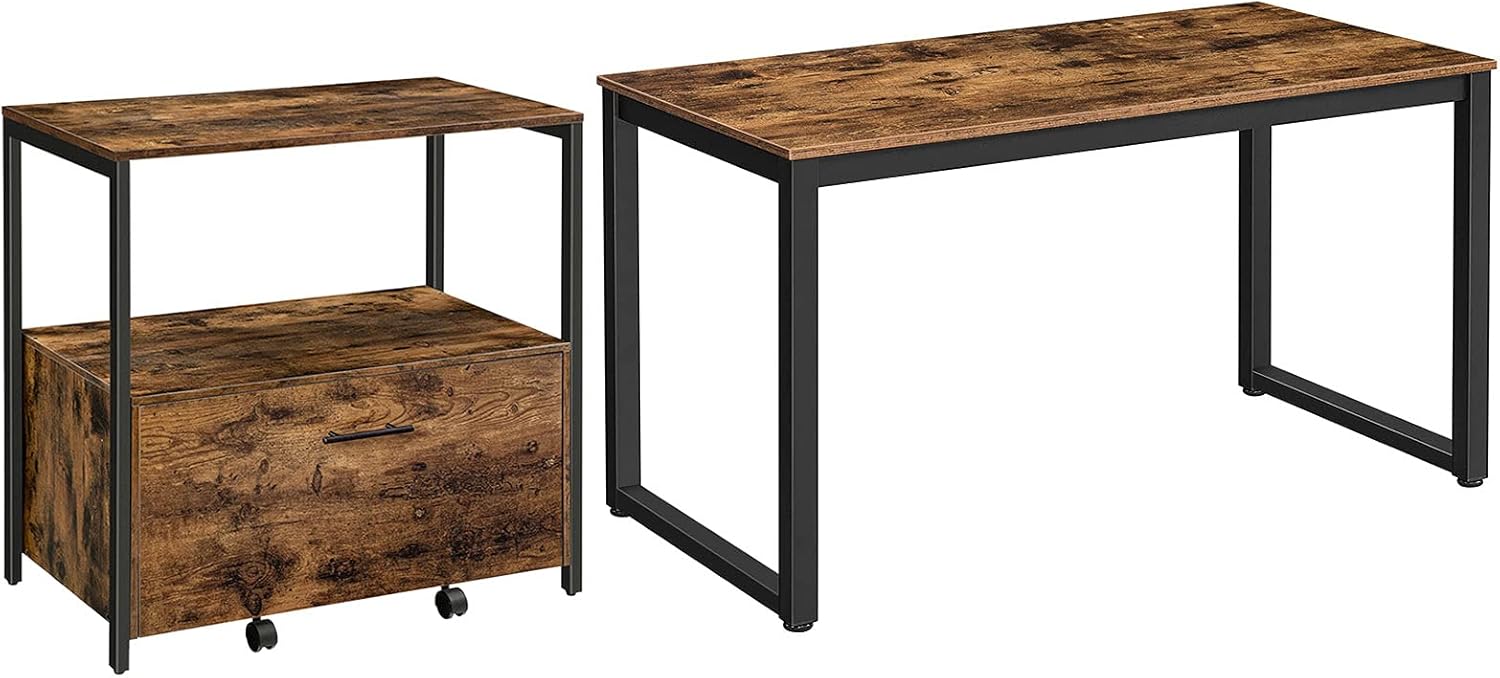 HOOBRO Computer Desk and Lateral File Cabinet Bundle, Home Office Writing Desk, 55.1 x 23.6 x 29.9 Inch Industrial PC Laptop Study Table in Living Room, File Cabinet with Storage Shelves, Rustic Brown Pack of 2