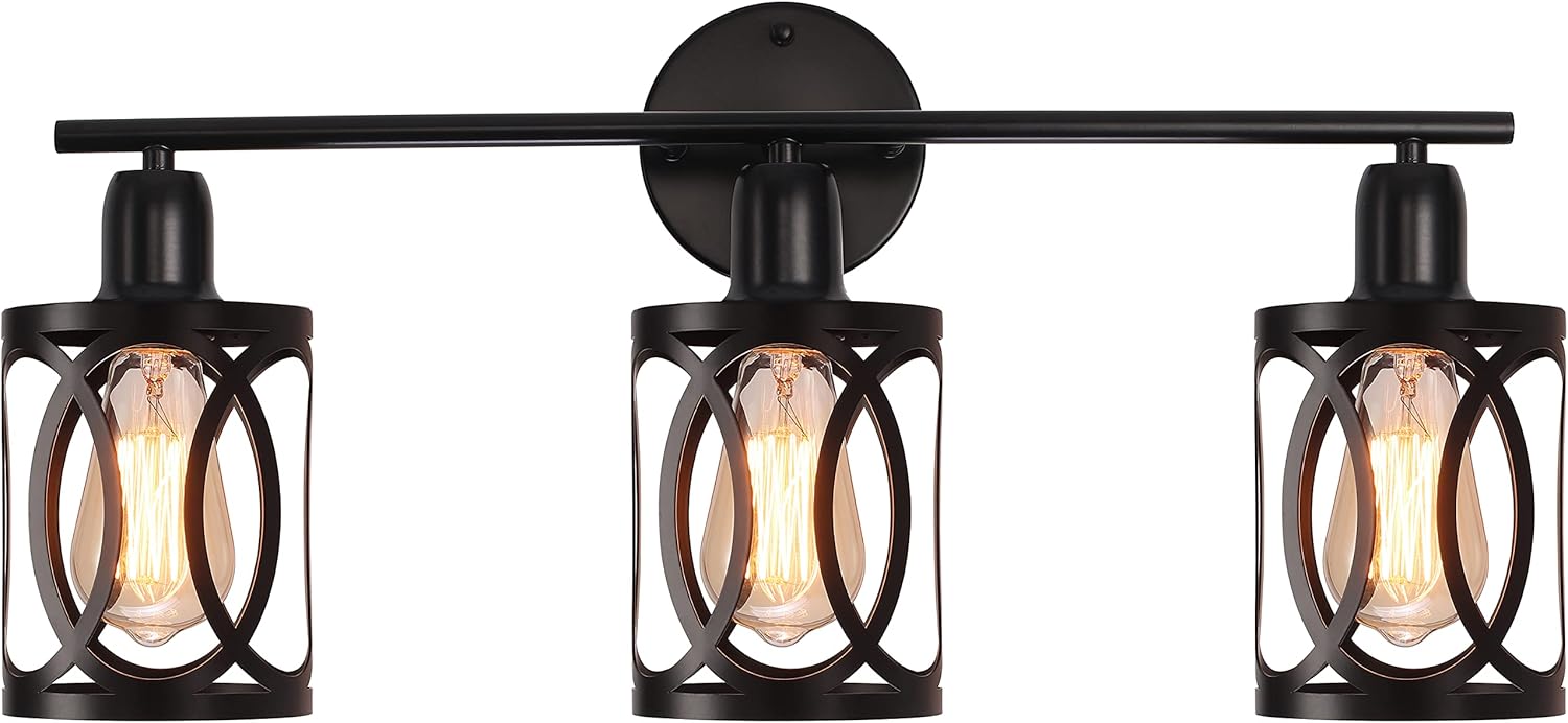 Heircido Vintage Wall Light Fixtures for Bathroom,Industrial Farmhouse Matte&nbsp;Black&nbsp;Vanity&nbsp;Light ,Metal Wall Sconces Lighting for Bedroom, Living Room E26 Base(3 Lights)