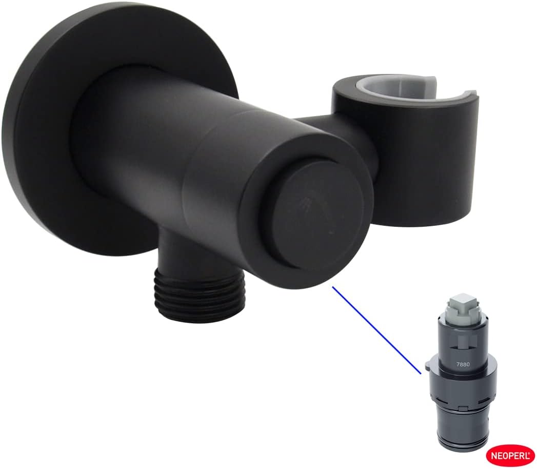 Aquaiaw Push-Button On/Off Wall Supply Elbow, Neoperl Cartridge, with O-Ring Flange, Solid Brass, Electroplate Matte Black, with Hand Shower Holder, Tapered 1/2 NPT Female Inlet, Round, G1/2 Outlet