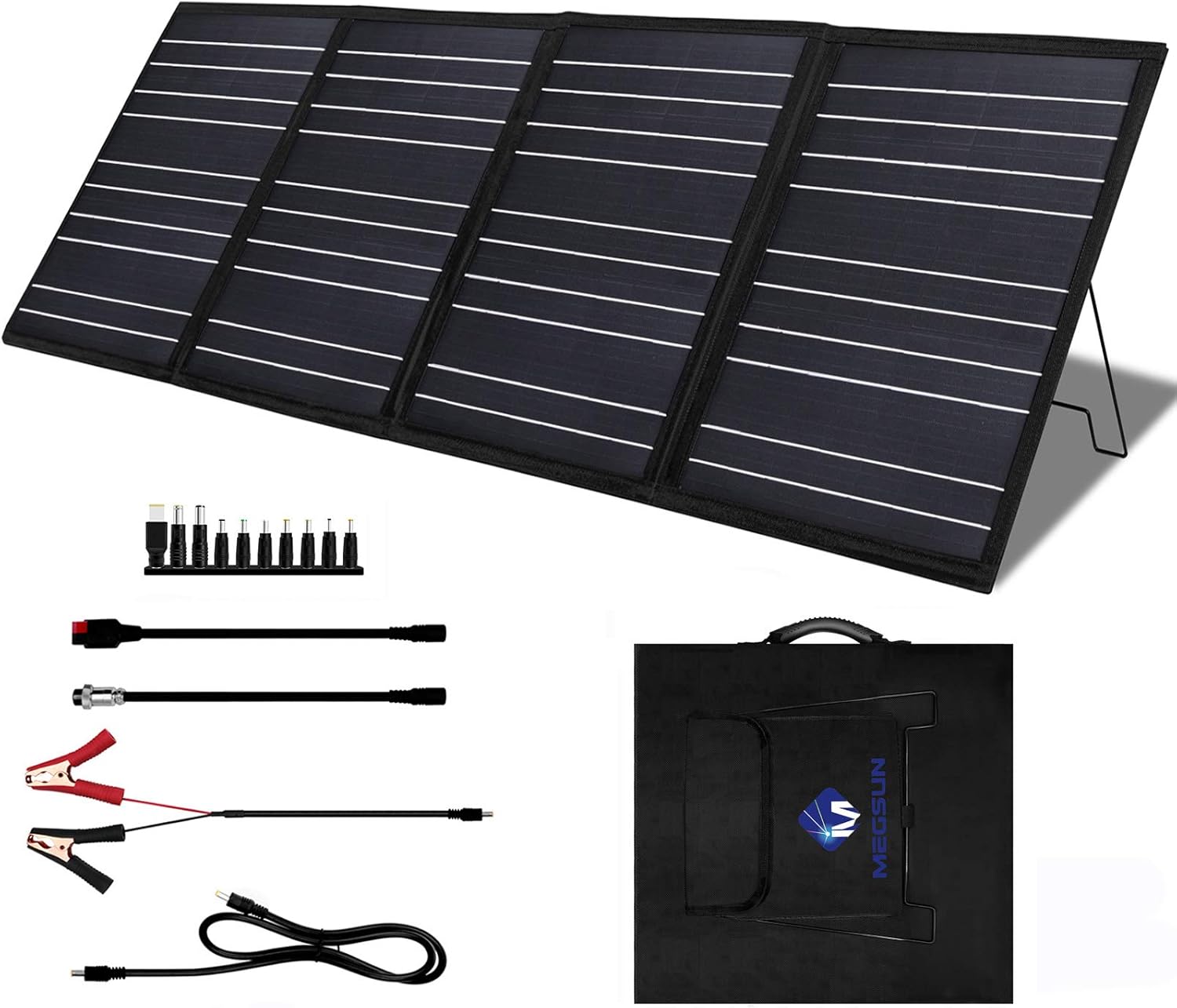 MEGSUN 100 Watt 18V Portable Foldable Solar Panel Charger Kit for 200/300/500/1000W Power Station, with 2 USB and 1 DC Outputs for Power Station Generator 12V Battery RV Outdoor Camping (100W Black)