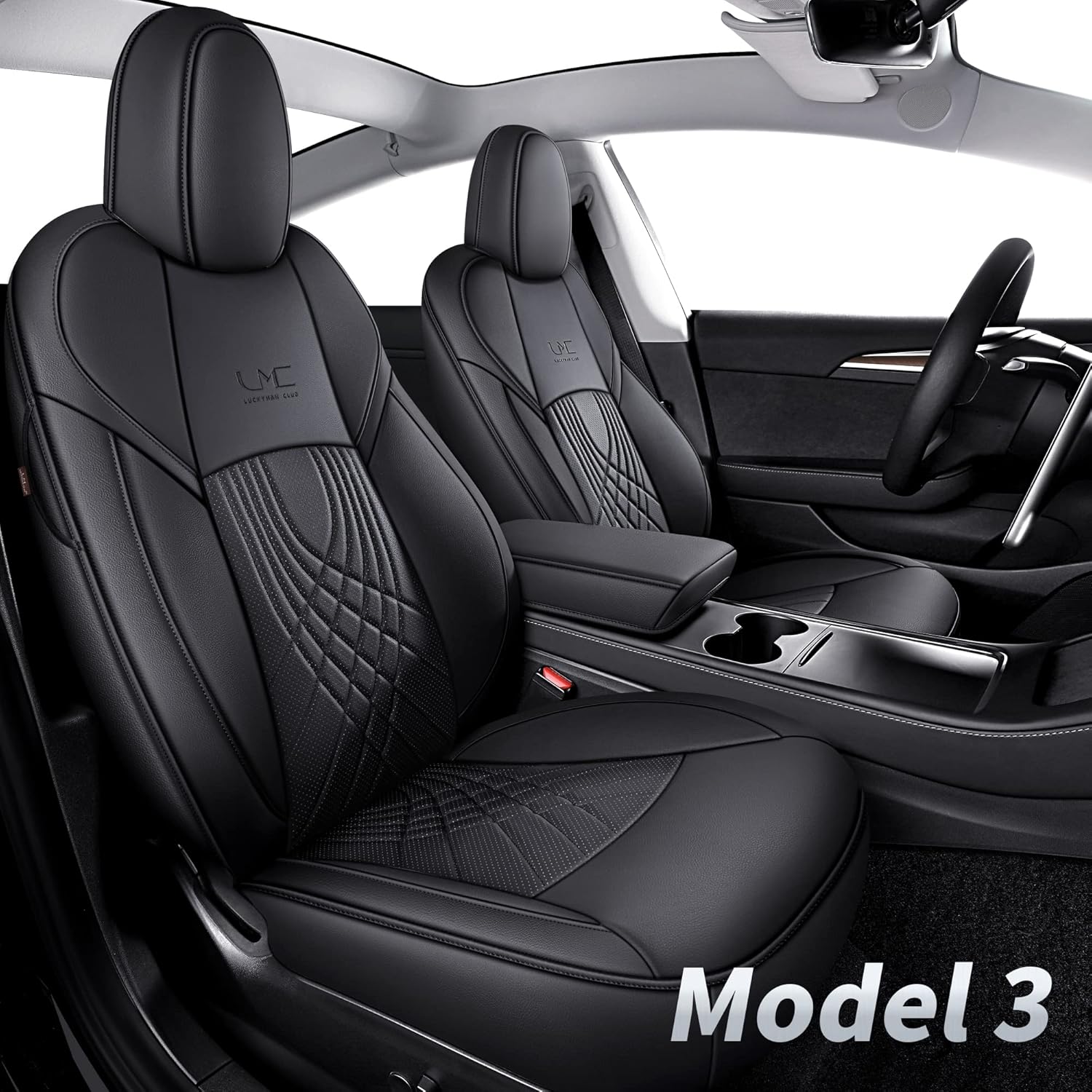 LUCKYMAN CLUB S09-SH Tesla Seat Covers Full Set, fit for 2017-2022 Model 3 with Water Proof Faux Leather (Black)