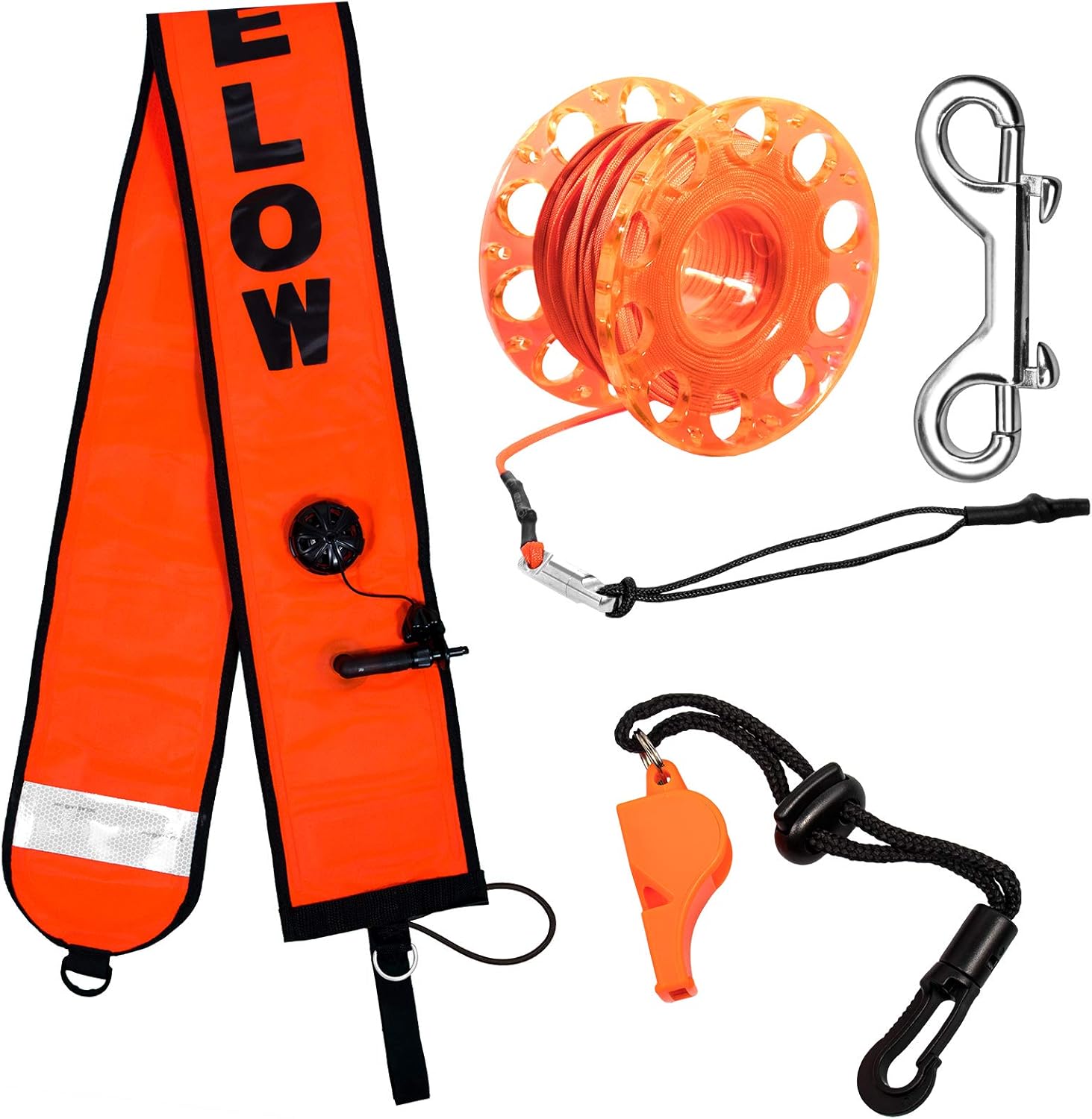 5ft Scuba Diving Surface Marker Buoy (SMB), Safety Sausage with Plastic 98ft Finger Spool Reel and Double Ended Hook Clip + Emergency Whistle for Underwater Diving Pack of 2