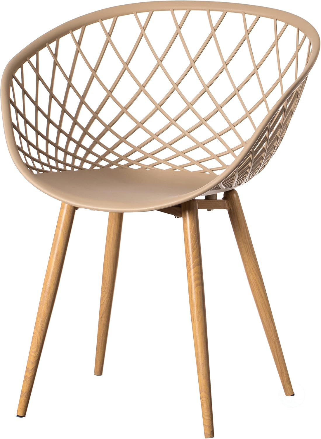 Fabulaxe Modern Nude Sidera Plastic Chair Crosshatch Lattice Back with Metal Wood Look Legs, Beige