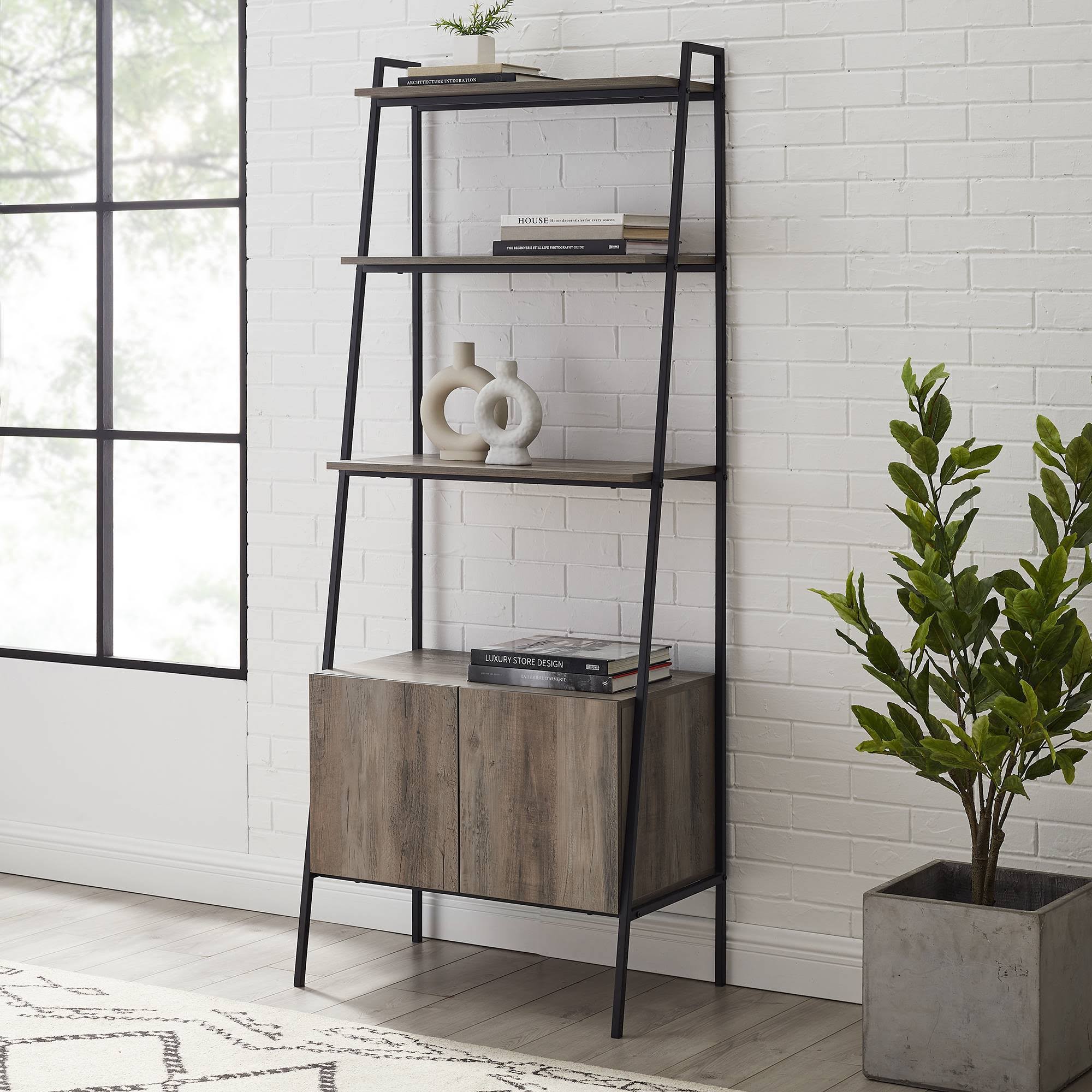 Sophia Open Shelf and Closed Storage Ladder Bookcase Gray Wash - Saracina Home
