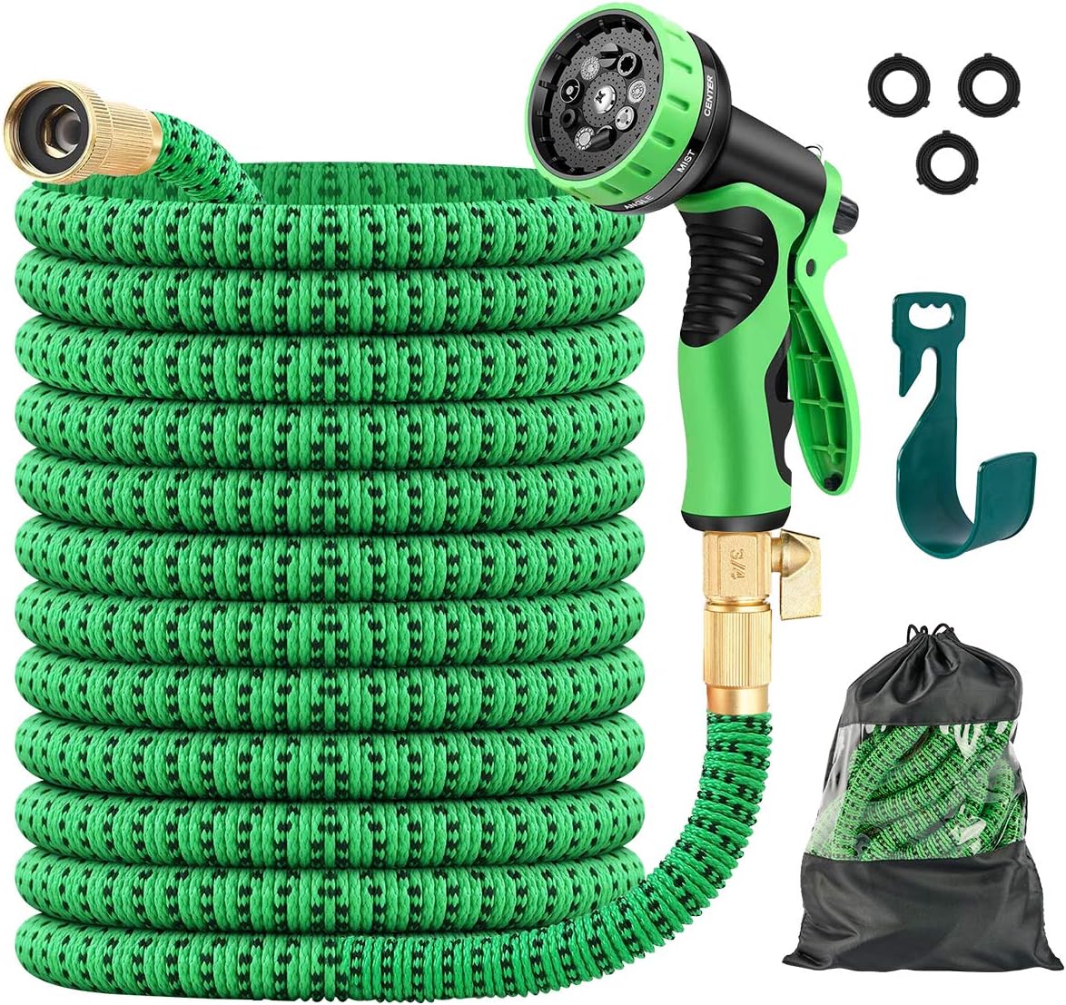 JSK Garden Hose - Lightweight No Kink Expandable Garden Hose 50FT with Superior Strength 3750D Fabric Flexible 3-Layers Latex Core 3/4 Inch Brass Connectors 9-Function Spray Nozzle Water Hose Pack of 2