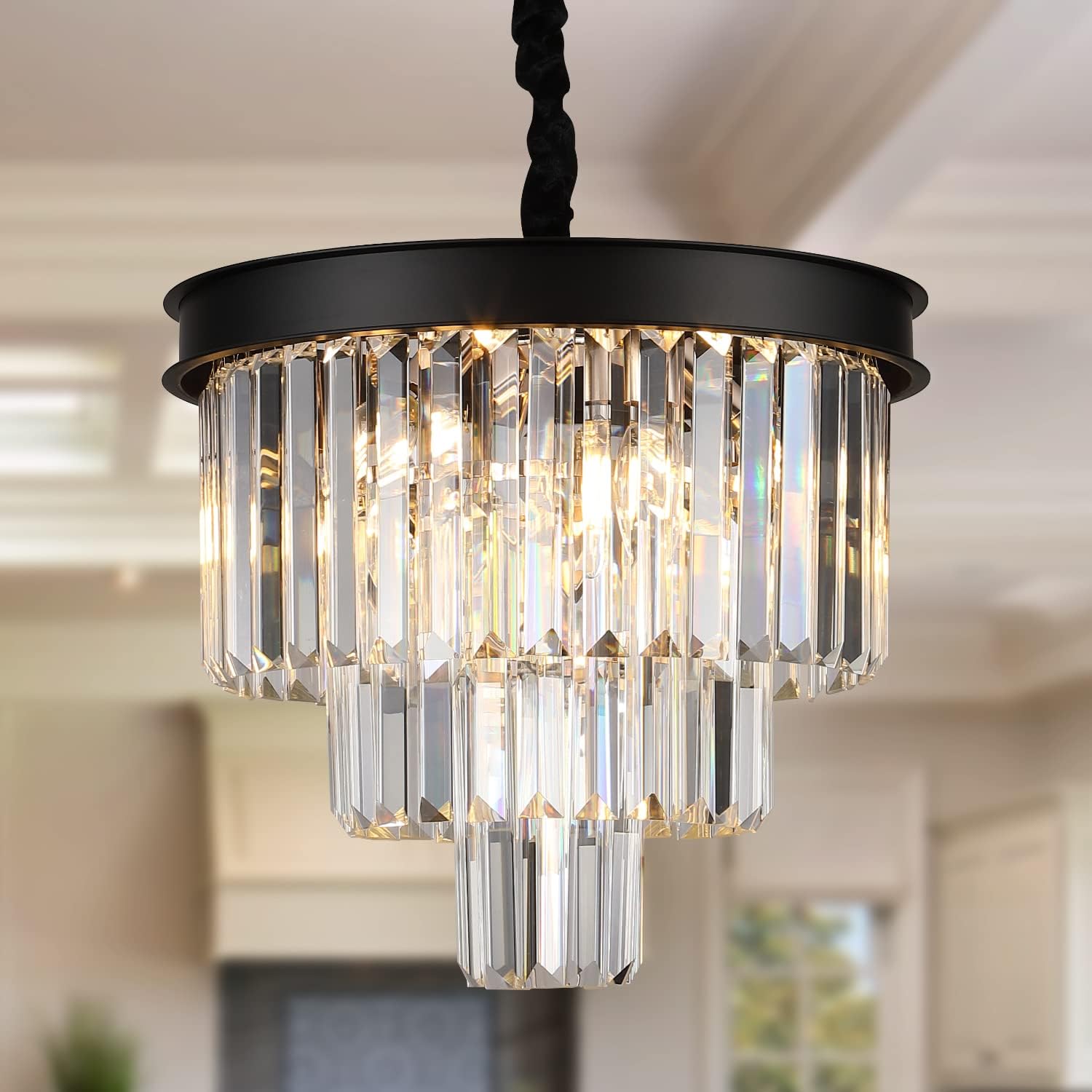 AXILIXI Modern Crystal Chandeliers 16&rdquo; Black Ceiling Pendant Light Fixture 3 Tiers Dimmable Flush Mount Chandeliers Round Raindrop for Living Room Dining Room Foyer Kitchen Entryway