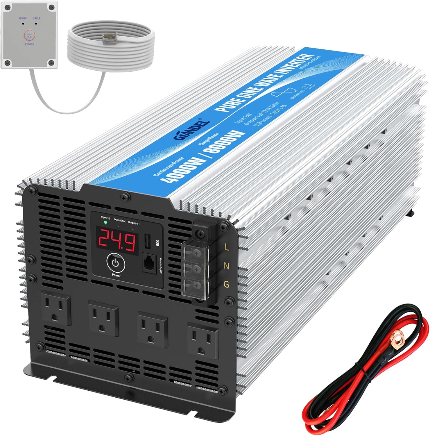 GIANDEL 4000W 24 Volt Heavy Duty Pure Sine Wave Power Inverter DC24V to AC120V with 4 AC Outlets with Remote Control 2.4A USB and LED Display
