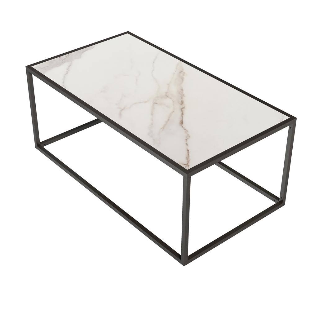 Clihome White Rectangular Marble Top Coffee Table with Black Metal Leg for Kitchen and Living Room