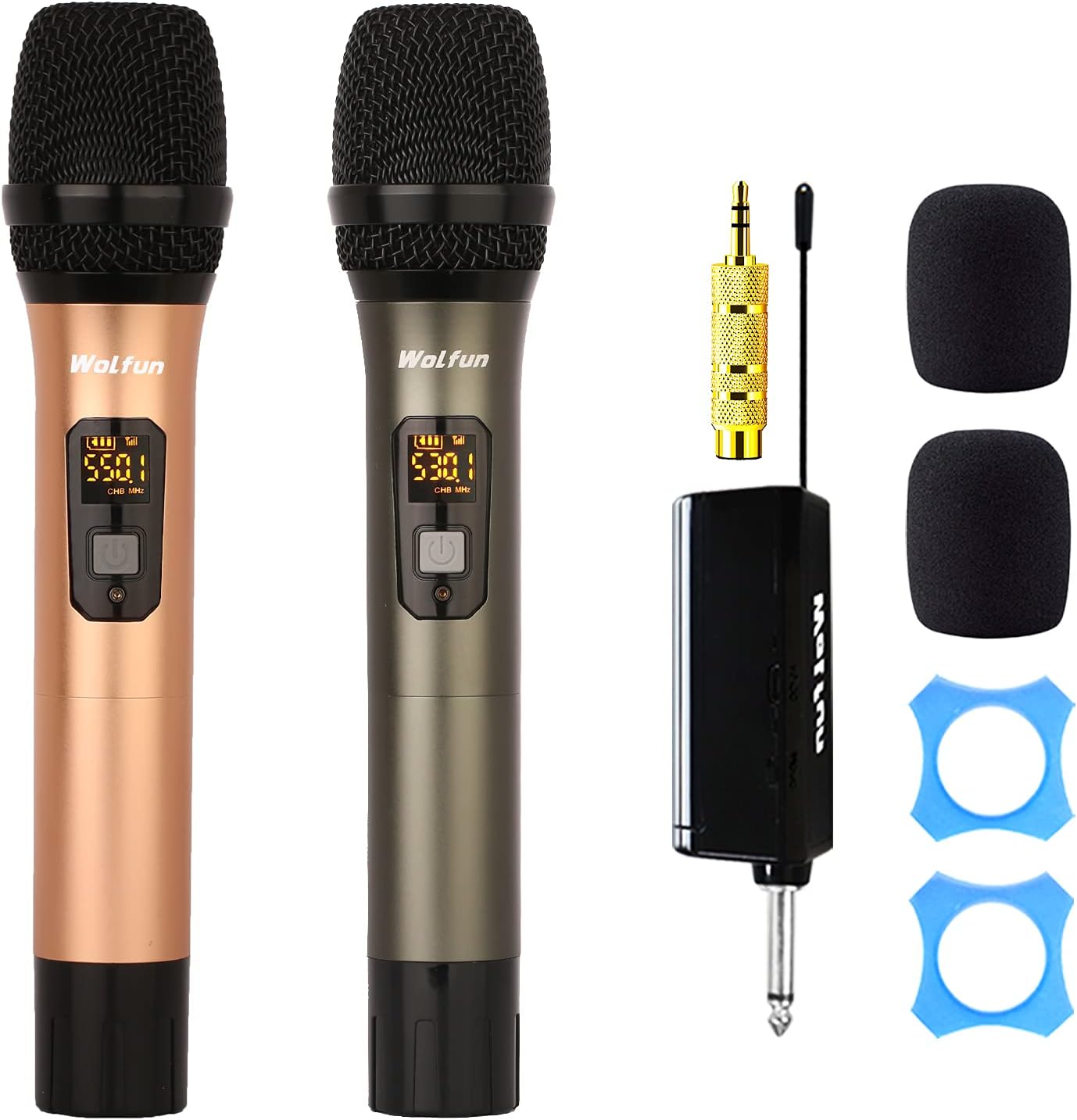 Wireless Microphone, UHF Dual Metal Handheld Dynamic Mic System with Rechargeable Receiver, 164ft Range, for Karaoke,Party, Speech, Wedding, Meeting, PA System(Gold and Gray) Pack of 2