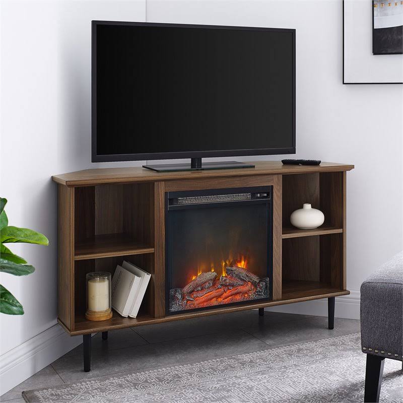 Pemberly Row 48x22 Simple Corner Fireplace Console in Dark Walnut