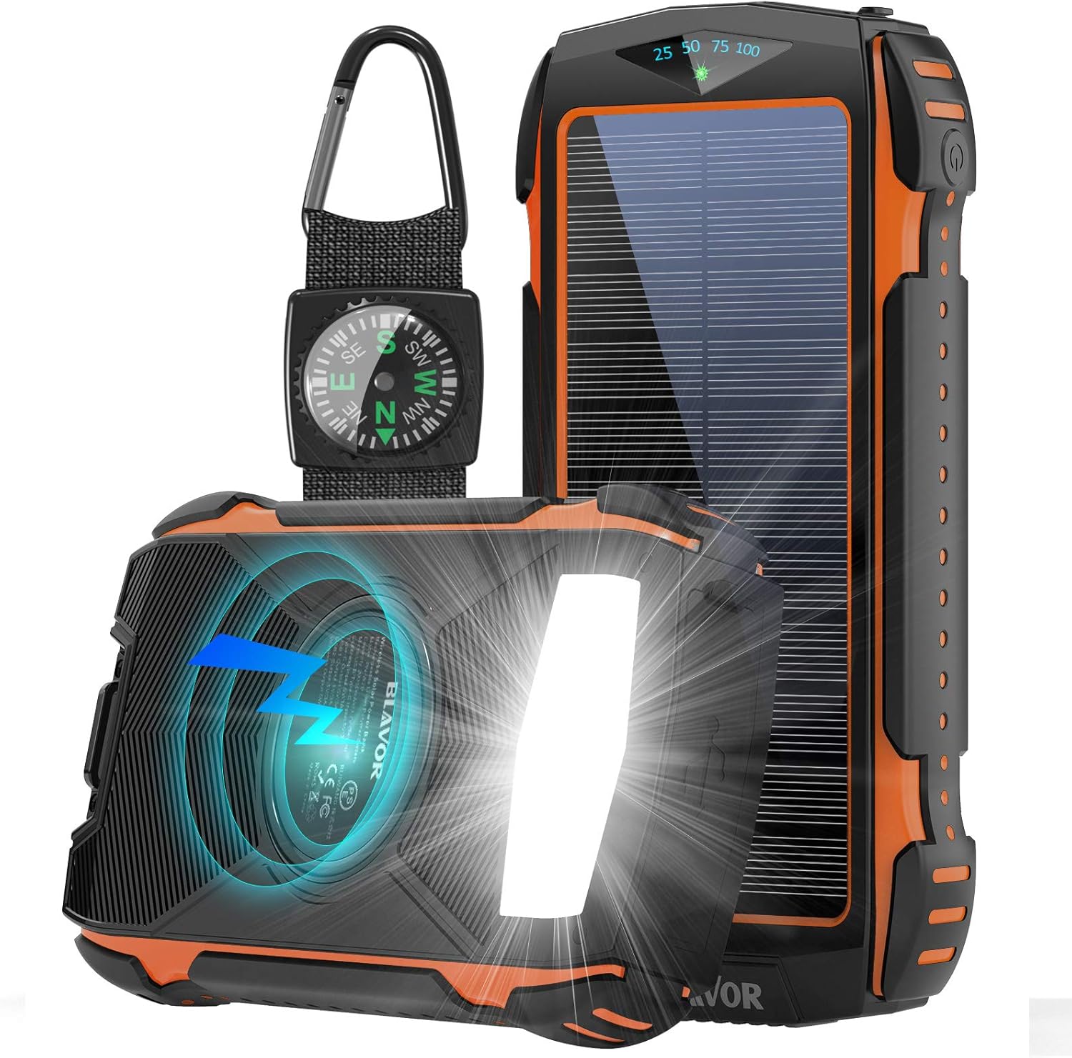 Solar Power Bank, BLAVOR Wireless Phone Charger, Portable Solar Powered Pack 20,000mAh with Camping Light, Compass Carabiner, Type C Input, IPX5 Waterproof Shockproof Dustproof (Orange) Pack of 2