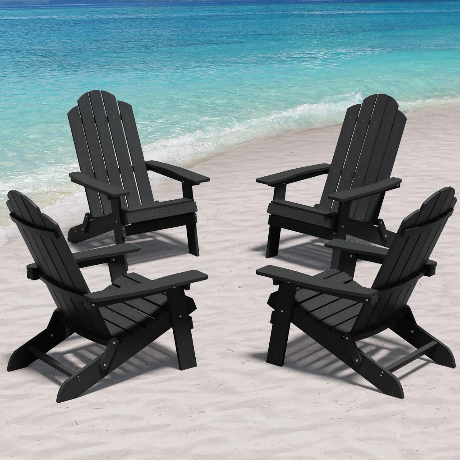 MXIMU Folding Adirondack Chair Weather Resistant Plastic Fire Pit Chairs Adorondic Plastic Outdoor Chairs for Firepit Area Seating Lifetime (Black)