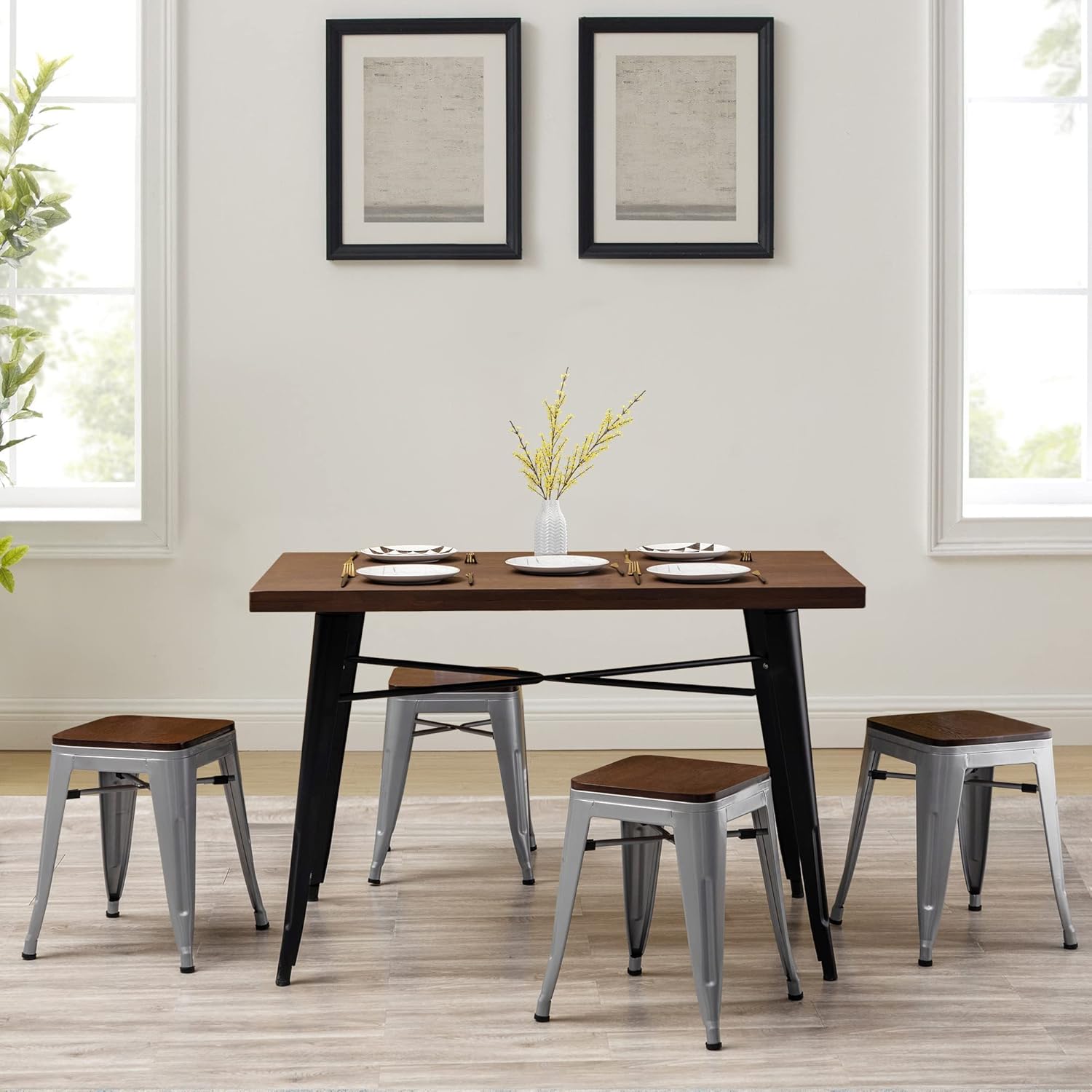 Modern Industrial Metal Stool with Wooden Seat [Set of 4] Stackable Counter Height 18