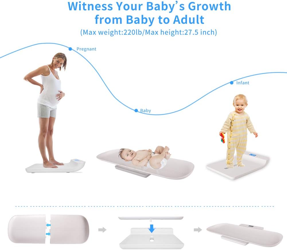 Baby Scale, Pet Scale, Multi-Function Digital Scale Measure Toddler/Adult/Puppy/Cat/Dog Weight(Max:220LBS) and Height(Max:70CM) Accurately, Precision at ± 10g, KG/LB/OZ, Blue Backlight Pack of 2