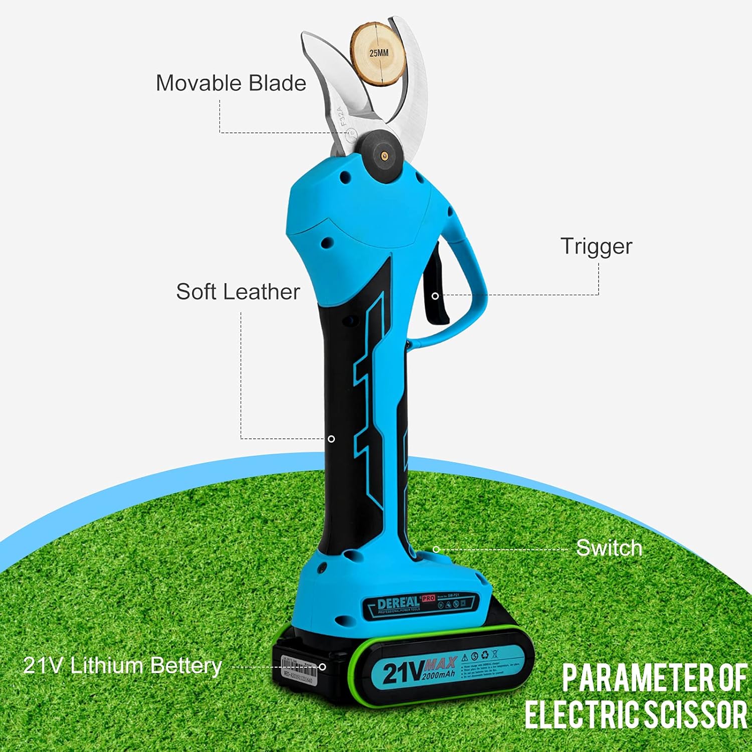 DEREAL Professional Electric-Pruning-Shears Battery Powered with 2 Pcs 21V Backup Rechargeable 2Ah Lithium for Tree Branch Cordless Pruner Shears Cutter for Garden 32mm Cutting Diameter