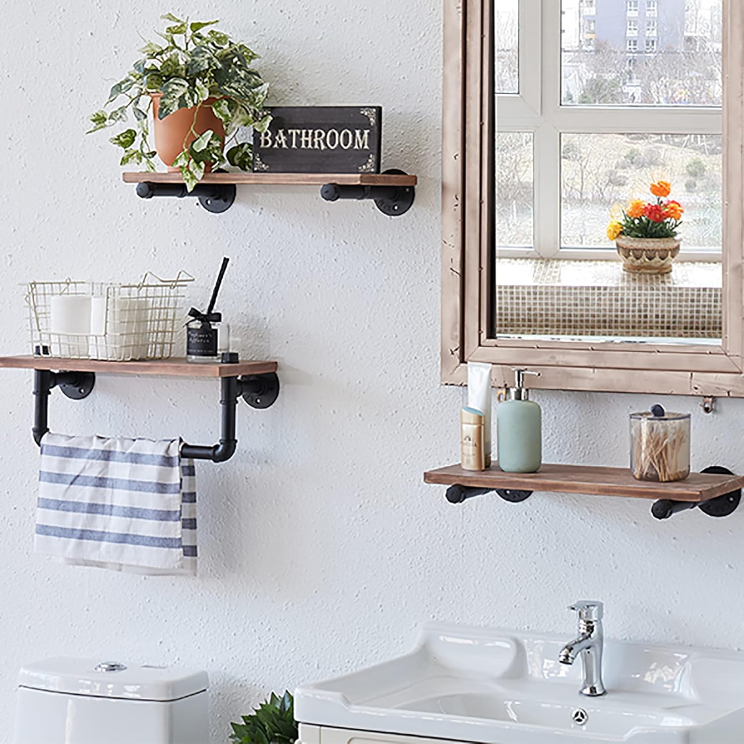 Industrial Shelves for Bathroom with Pipe Brackets and Towel Bar,Wall Shelving Set of 3,Wood & Metal Floating Pipe Shelf for Living Room, Bedroom & Kitchen. Pack of 2