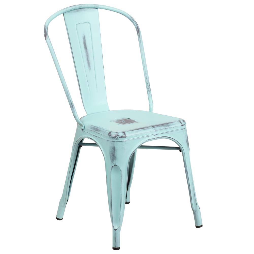 Distressed Green-Blue Metal Indoor-Outdoor Stackable Chair