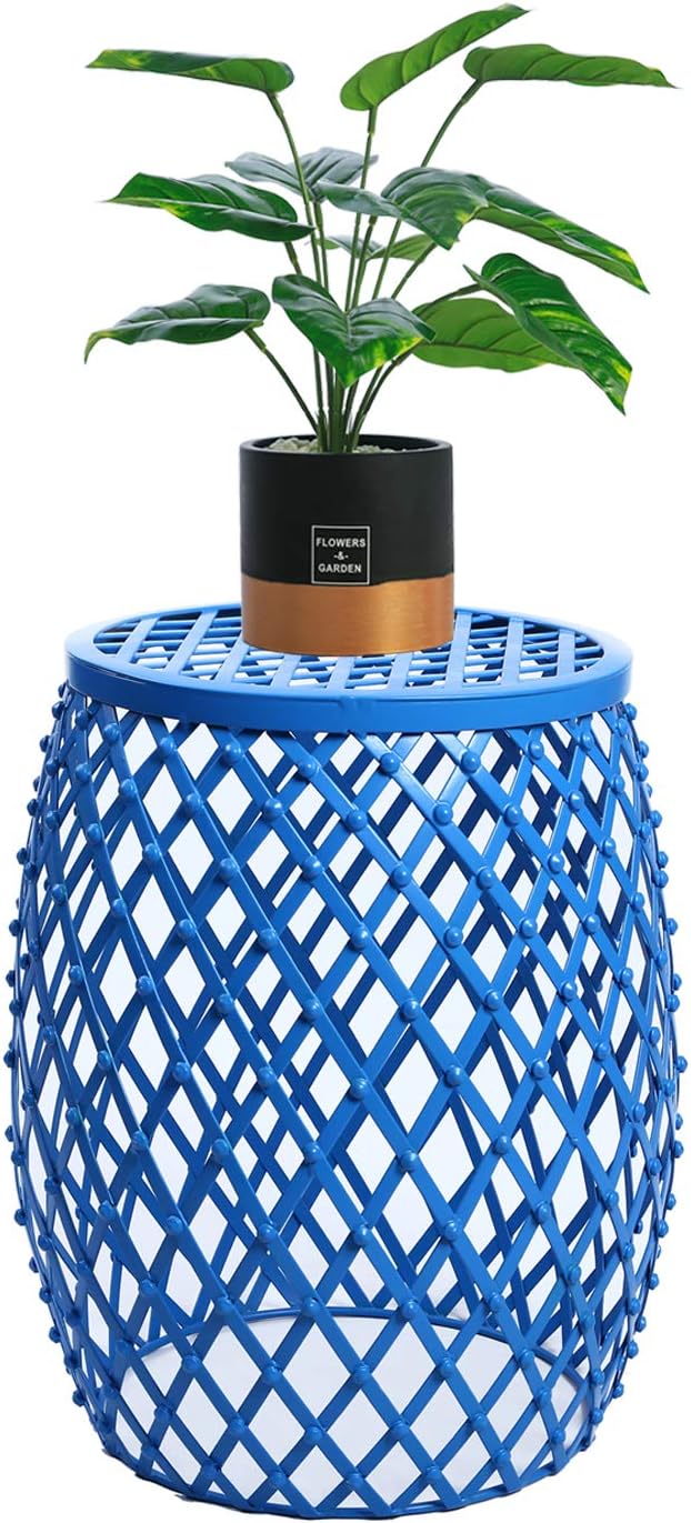 Adeco Home Garden Accents Circle Wired Round Iron Metal Nesting Stool Side End Table Plant Stand, Bubble Pattern, Olive Drab Green, Set of Two