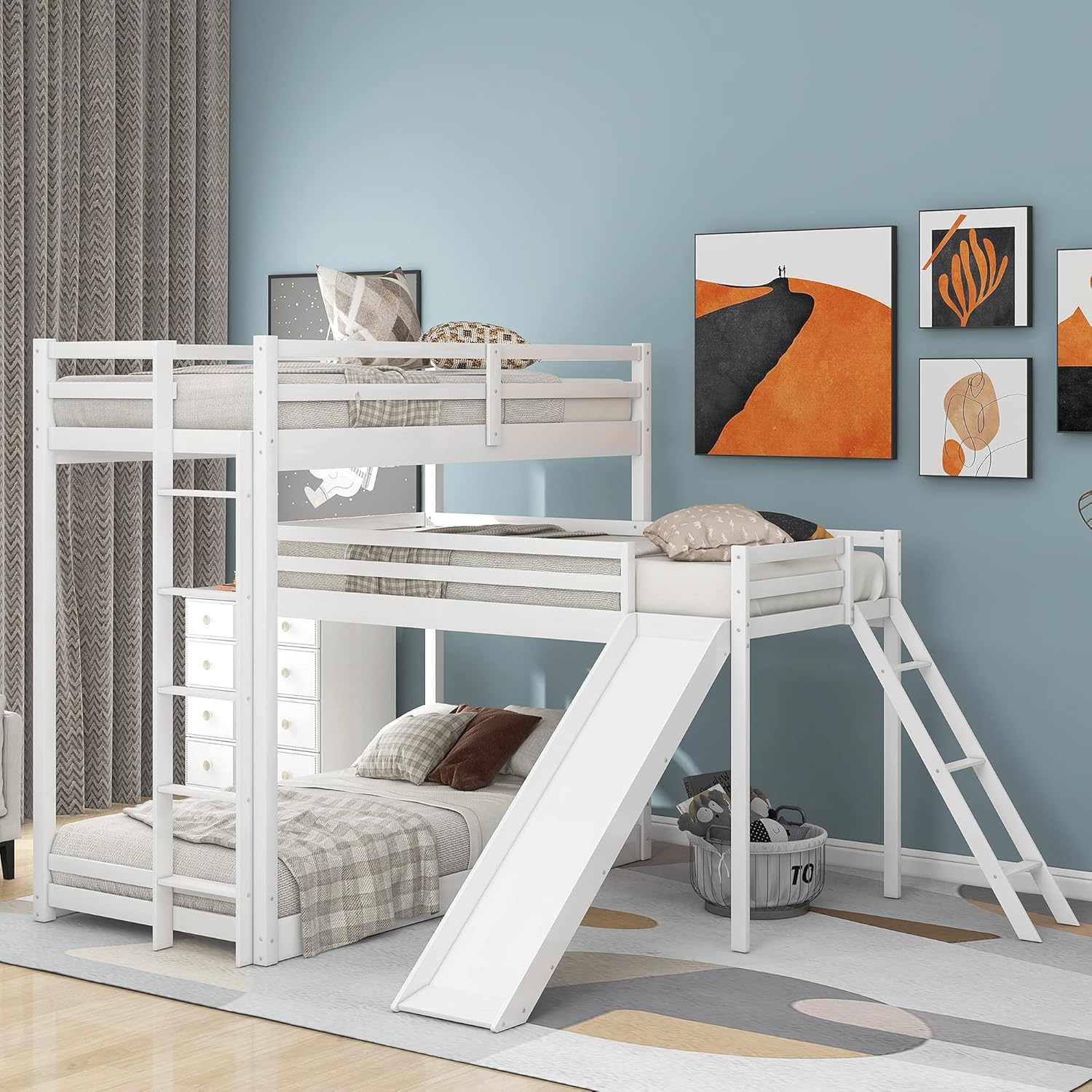 kupet L-Shaped Triple Bunk Twin with Attached Loft Beds and Ladder and Slide, Grey