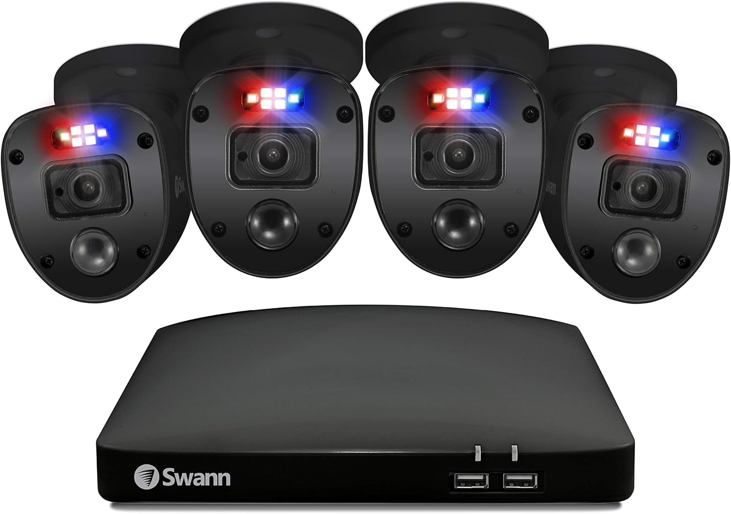 Swann Black Enforcer Home Security Camera System 4 Channel 4 Cameras DVR CCTV, Wired Surveillance 1080p Full HD, Color Night Vision, Red & Blue Flashing Lights, Alexa + Google, SODVK-446804SLB