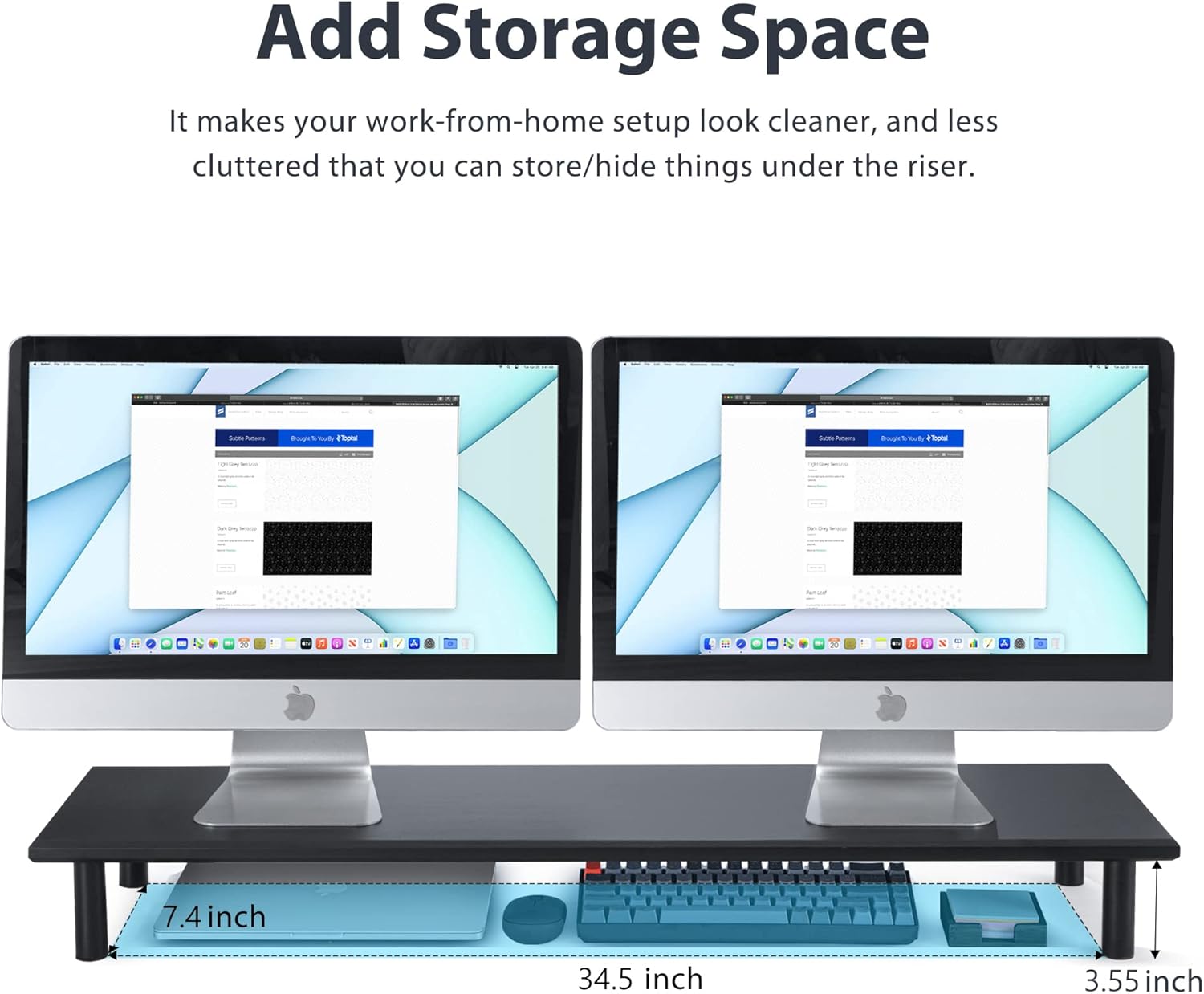 Bamboo Dual Monitor Stand Riser for 2 Monitors, ROCDEER Desk Shelf Underneath Storage for Office Supplies, and Supports for Monitor, Heavy TV Riser up to 130 lbs, Black Pack of 2