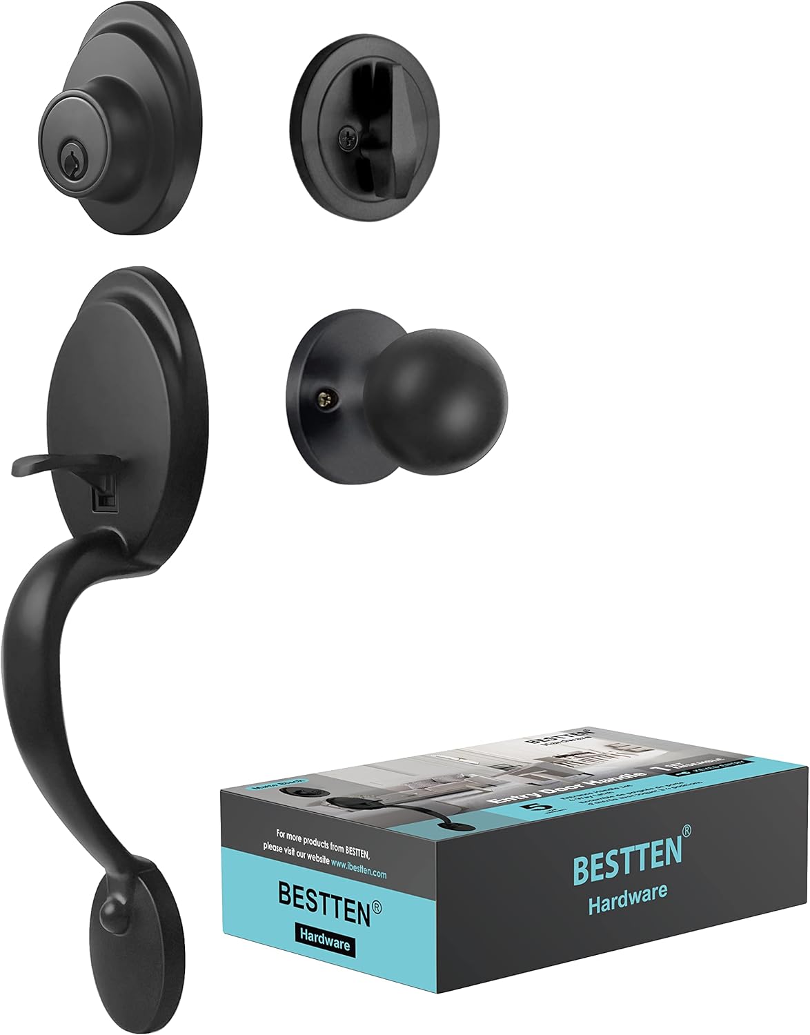 BESTTEN Front Door Handleset with Keyed Entry Deadbolt Lock Set, Single Cylinder, Entrance Adjustable Handle Lower Screw and Interior Knob, Traditional Oval Style, All Metal, Matte Black