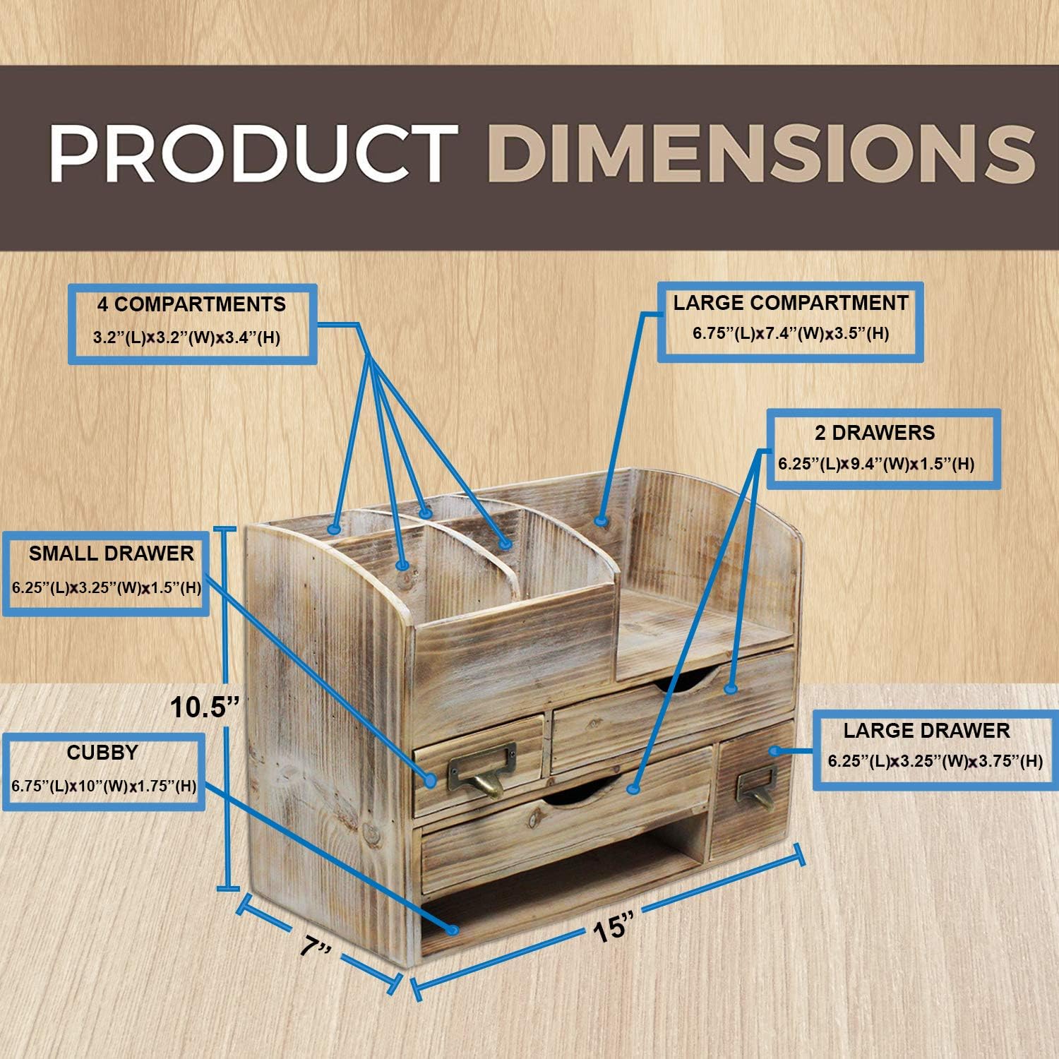 Adjustable Wooden Office Desk Organizer For Desktop, Tabletop, or Counter – Wood Storage Shelf Rack – For Office Supplies, Desk Accessories, or Mail - Barnwood Pack of 2