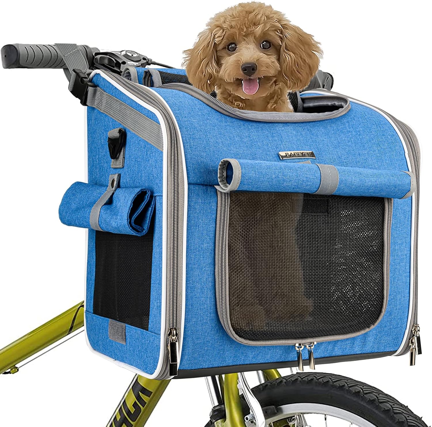 BABEYER Dog Bike Basket, Expandable Soft-Sided Pet Carrier Backpack with 4 Open Doors, 4 Mesh Windows for Medium Dog Cat Puppies