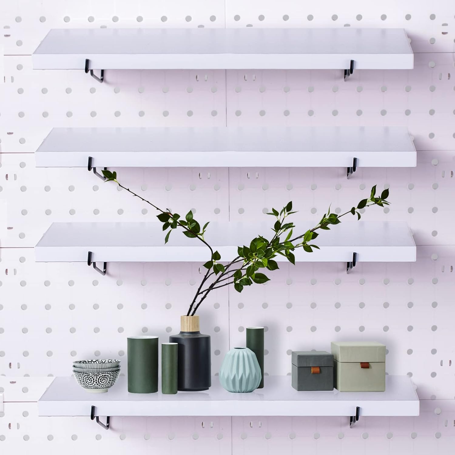 4 Pack White Pegboard Shelf Set - Pegboard Shelves with Pegboard Hooks - Peg Board Organizer Storage Shelf - Pegboard Accessories Shelves for Craft Room, Garage,Workbench, Kitchen, Tool Organizer