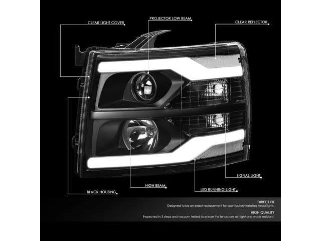 DNA Motoring for 2007-2014 Chevy Silverado Black Housing Clear Side Dual LED DRL Projector Headlight/Lamps