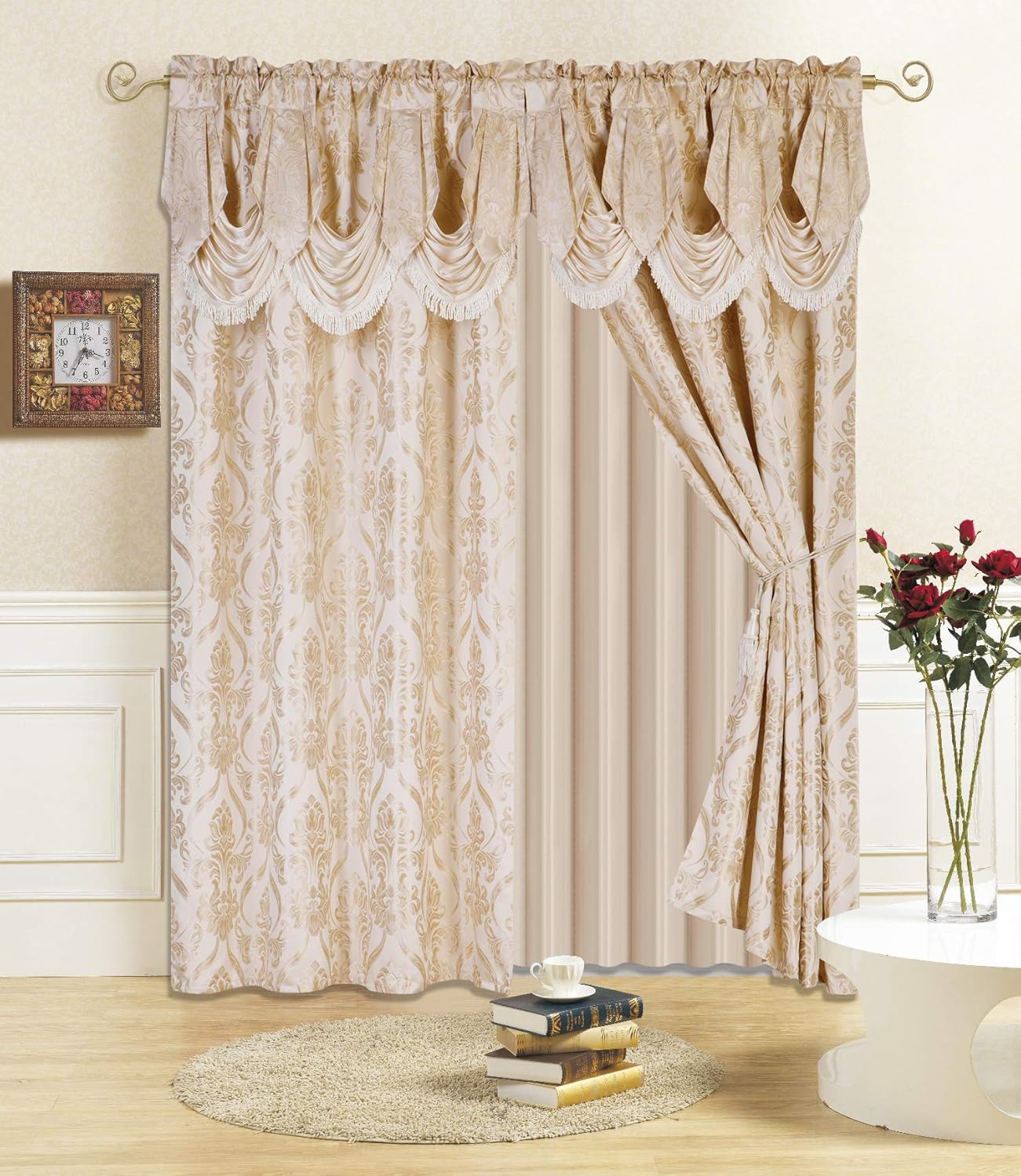 All American Collection New 4 Piece Drape Set with Attached Valance and Sheer with 2 Tie Backs Included (63