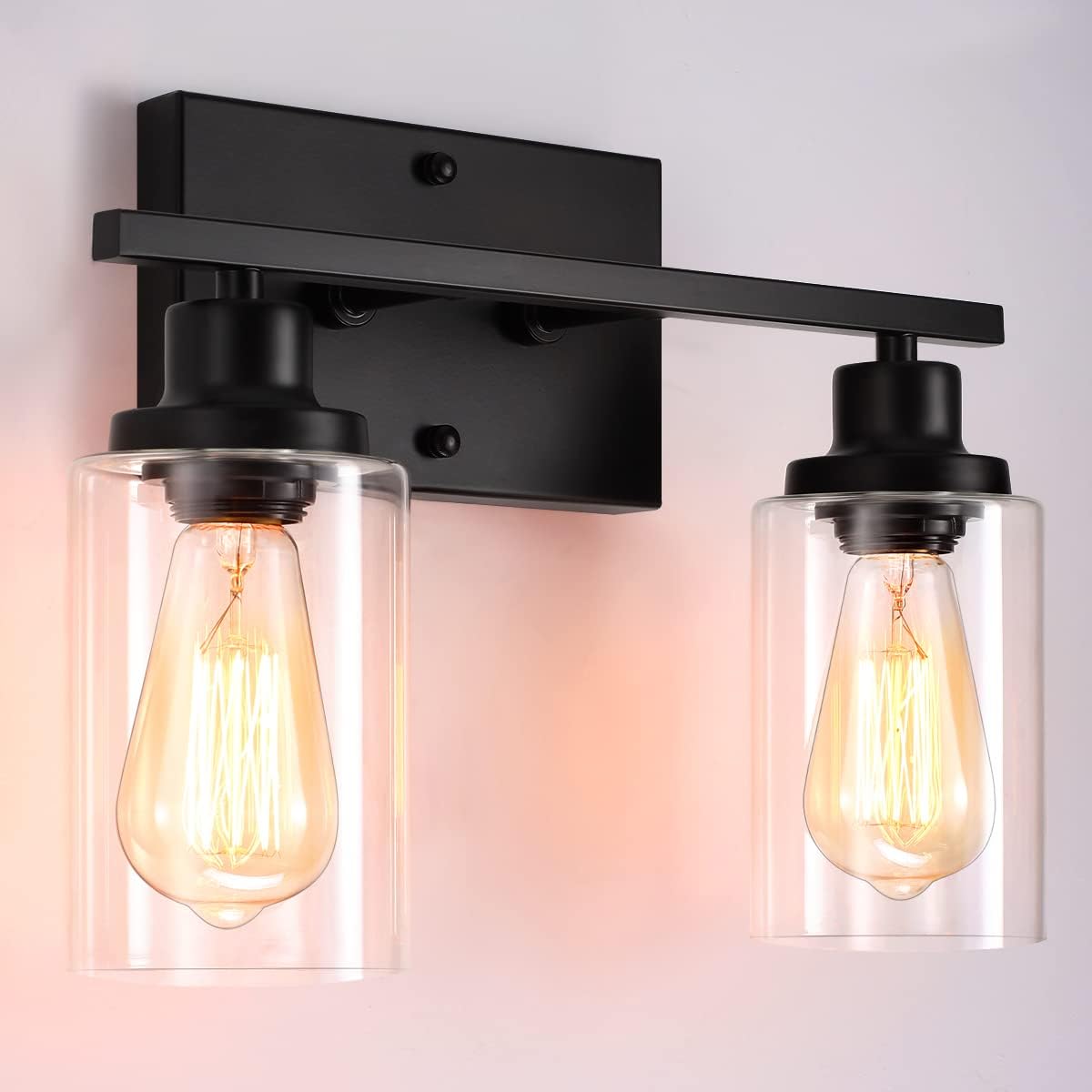 2 Light Black Bathroom Vanity Light Fixtures Matte Black Vanity Lights for Bathroom Modern Industrial Wall Sconces with Clear Glass Shade and Metal Base for Bedroom Living Room