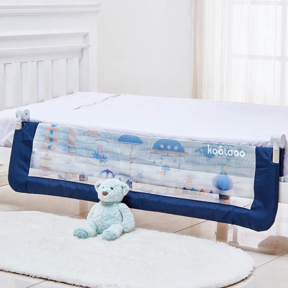59 Inches Toddler Bed Rail Fold Down Safety Baby Bed Guard with NBR Foam Including 1 Pc Safety Strap by KOOLDOO (Blue) Pack of 2