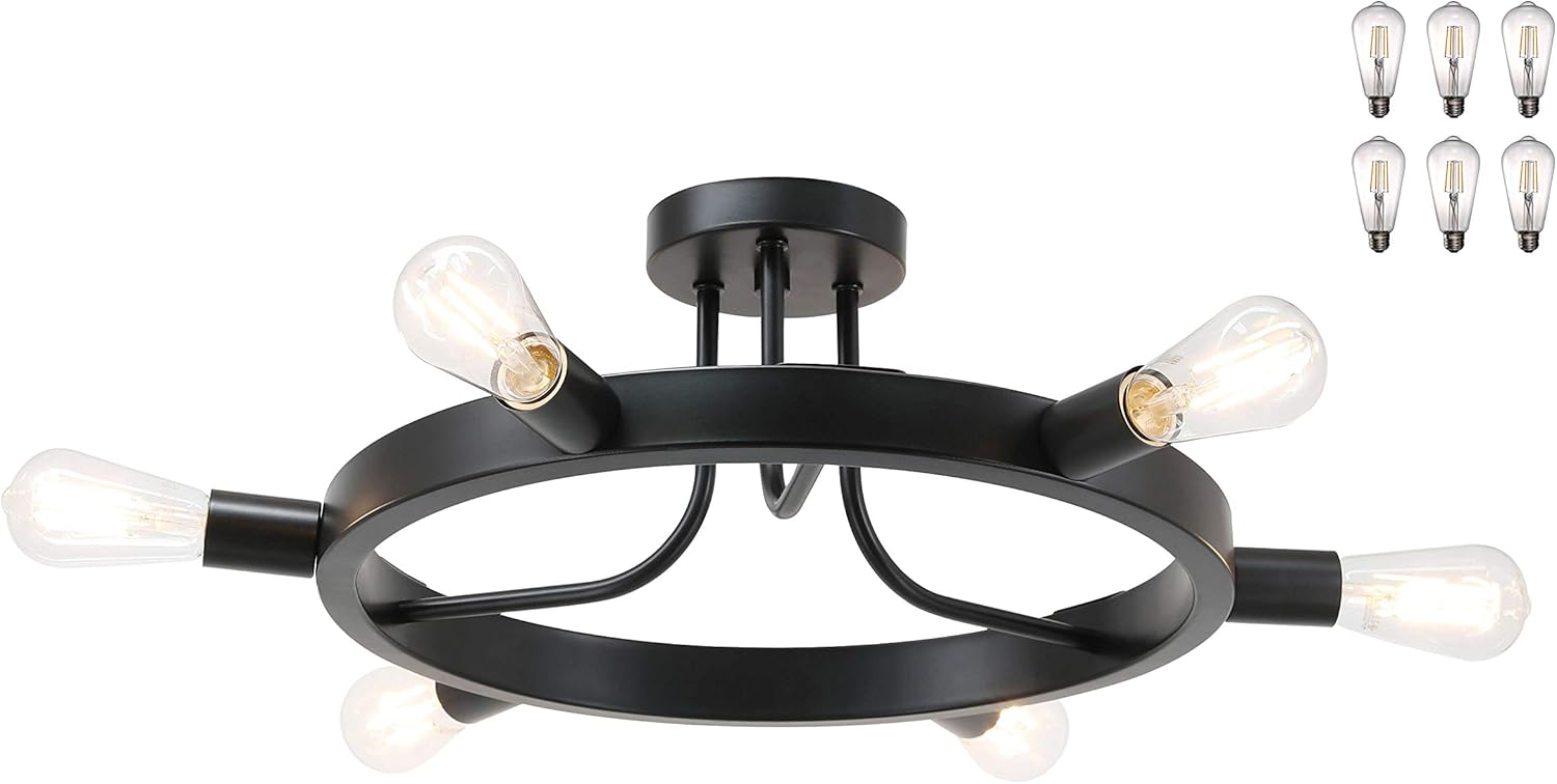 XiNBEi Lighting Semi Flush Light, Retro 6 Light Black Sputnik Chandeliers Flush Mount Ceiling Light with LED Bulbs XB-SF1243-6-MBK-LED
