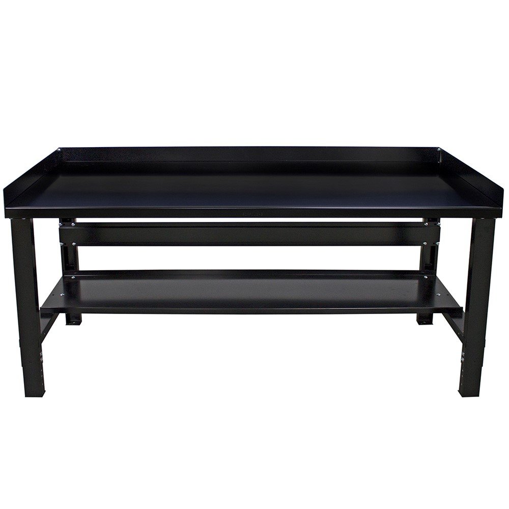 Borroughs Adjustable Height Workbench with Painted Black Top and Bottom Shelf with Back and End Guards, 34 in x 72 in, Commercial Grade, 16 Gauge Steel