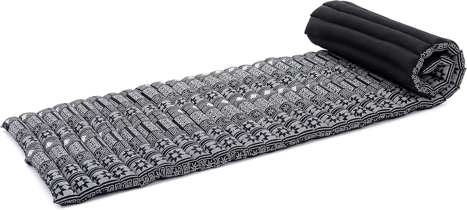 LEEWADEE Rollable Floor Mat M &ndash; Comfortable and Rollable Thai Mattress, Soft Massage Mat Filled with Eco-Friendly Kapok, Perfect to Use as a Sleeping Mat 75 x 28 inches, Black