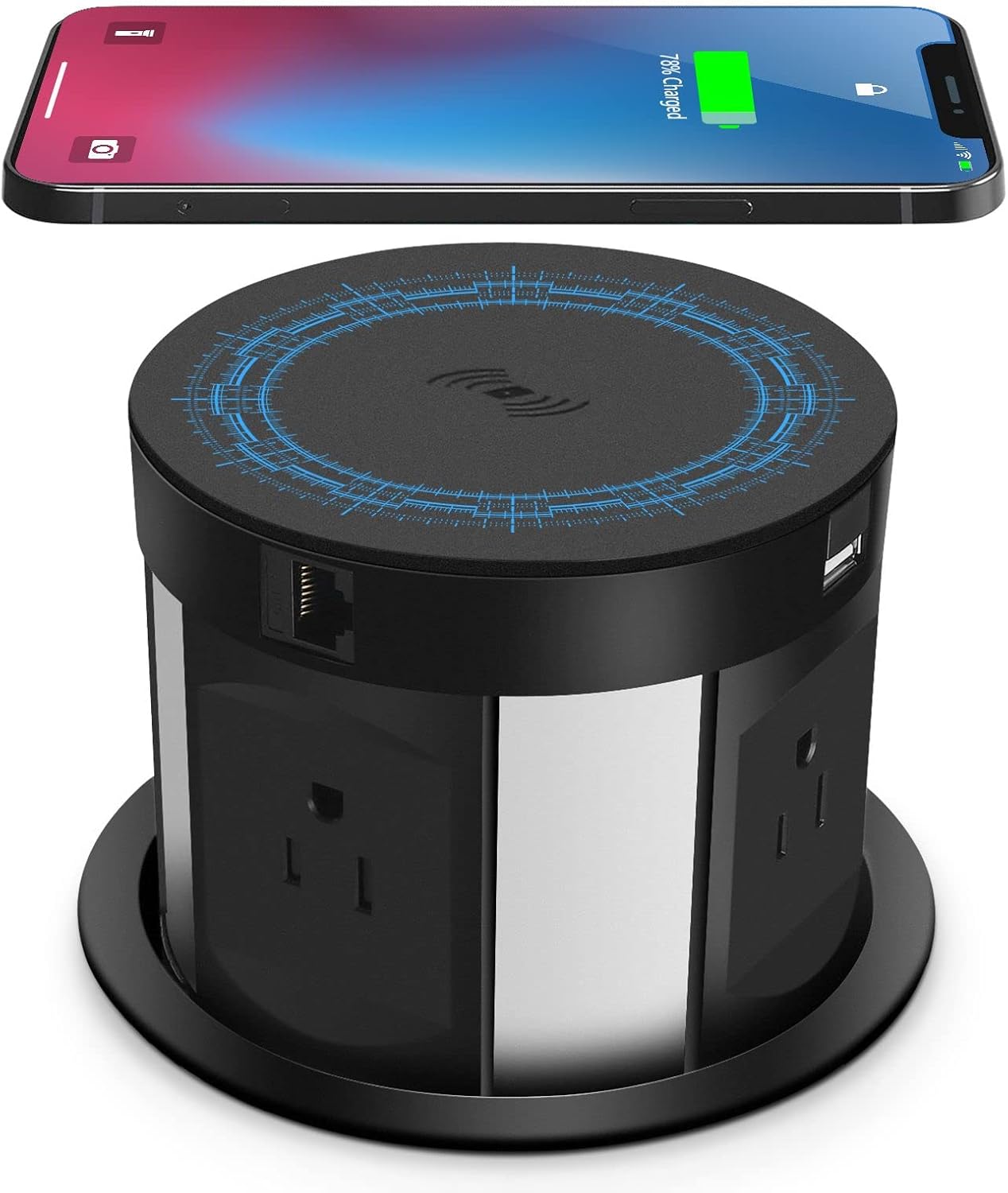 Automatic Pop Up Power Strip,Retractable Recessed Power Strip,Pop Up Power Strip 4 Outlets,with Wireless Charger,2 USB Charging Ports for Office Table and Workshop (Black)