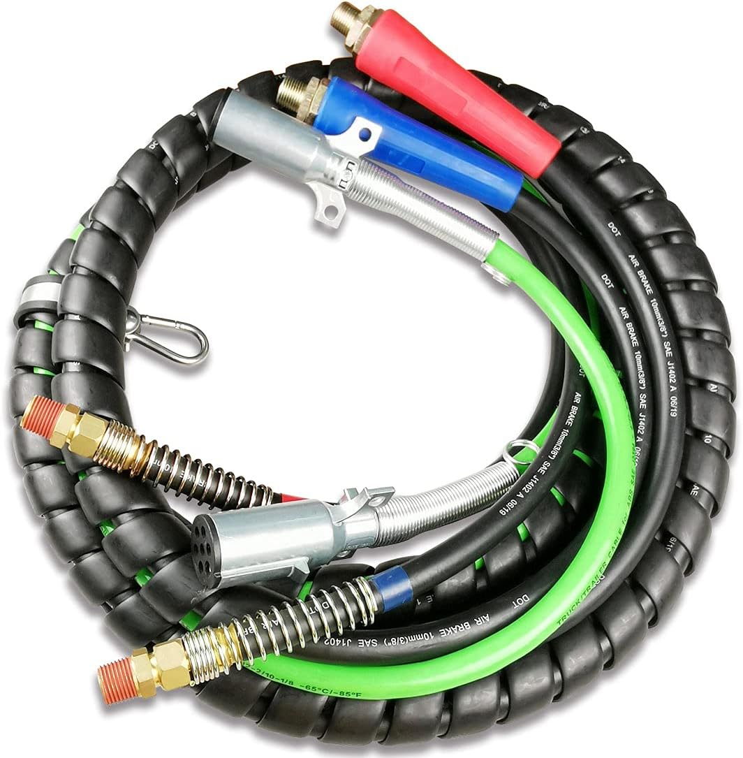 FIT 3 in 1 Truck Hose Spiral ABS Electrical Cord Air Line Kit Polyester Braided Hose Kit 12ft Length Set Heavy Duty 7 Way Electrical Trailer Cord for Semi Truck Tractor Trailer (TR-029-1)