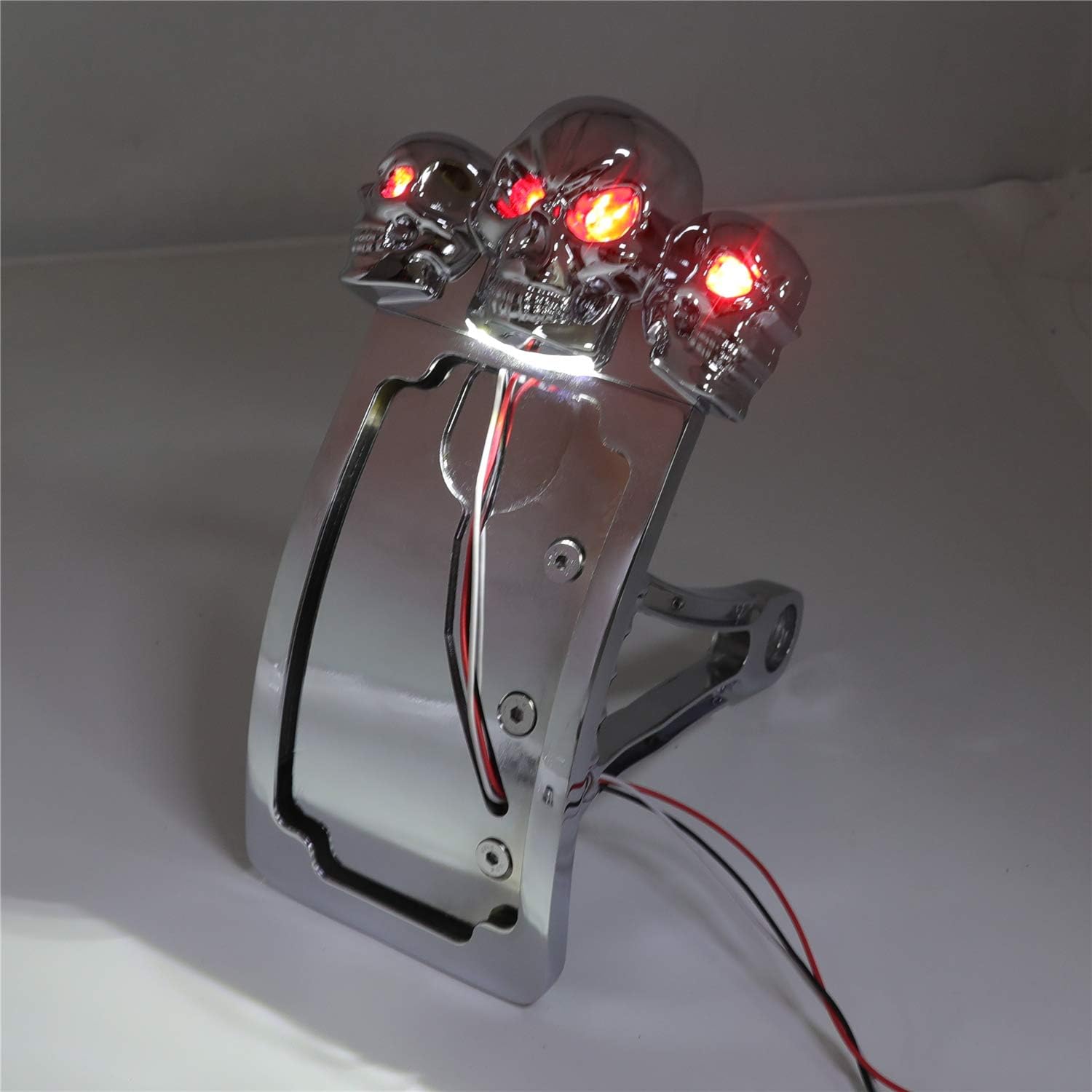 HTTMT- Black Side Mount License Plate Bracket w/SKULL LED Brake Tail Light Compatible with 7/8