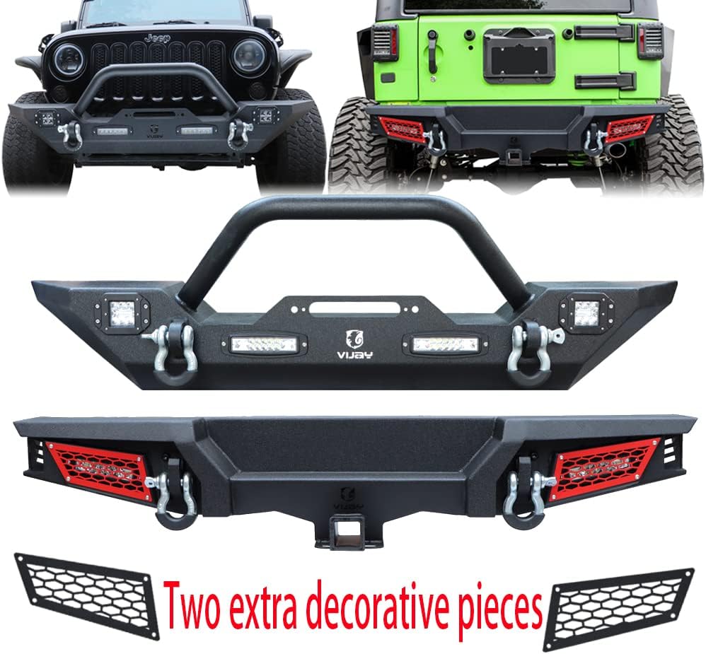 Tioyar Front and Rear Bumper for 2007-2017 Wrangler JK & JKU with Winch Plate and 6 LED Lights and D-Rings (Textured Black)